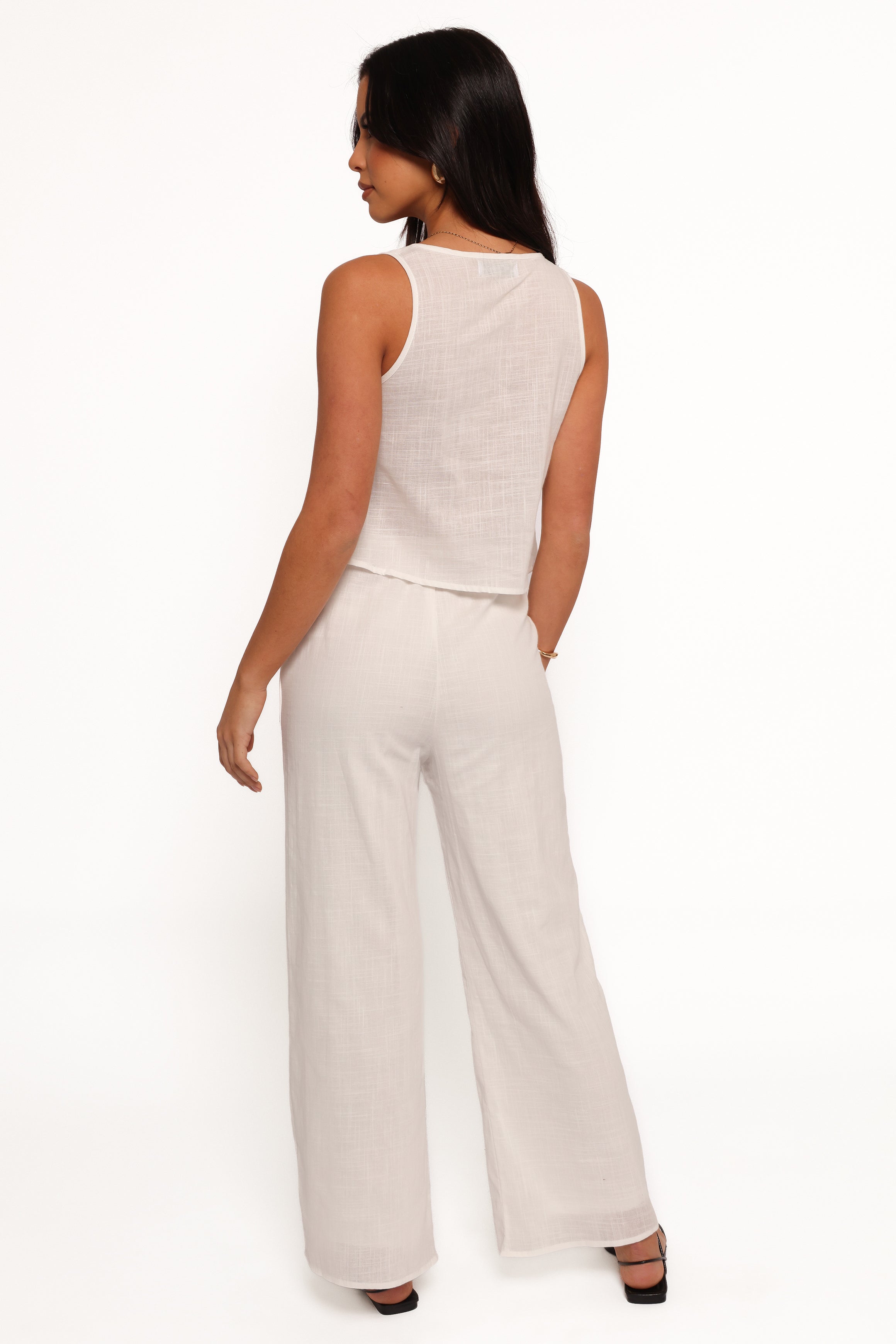 Rhaena Cotton Pant Set - White Sleeveless V-Neck Top & High-Waisted Pants