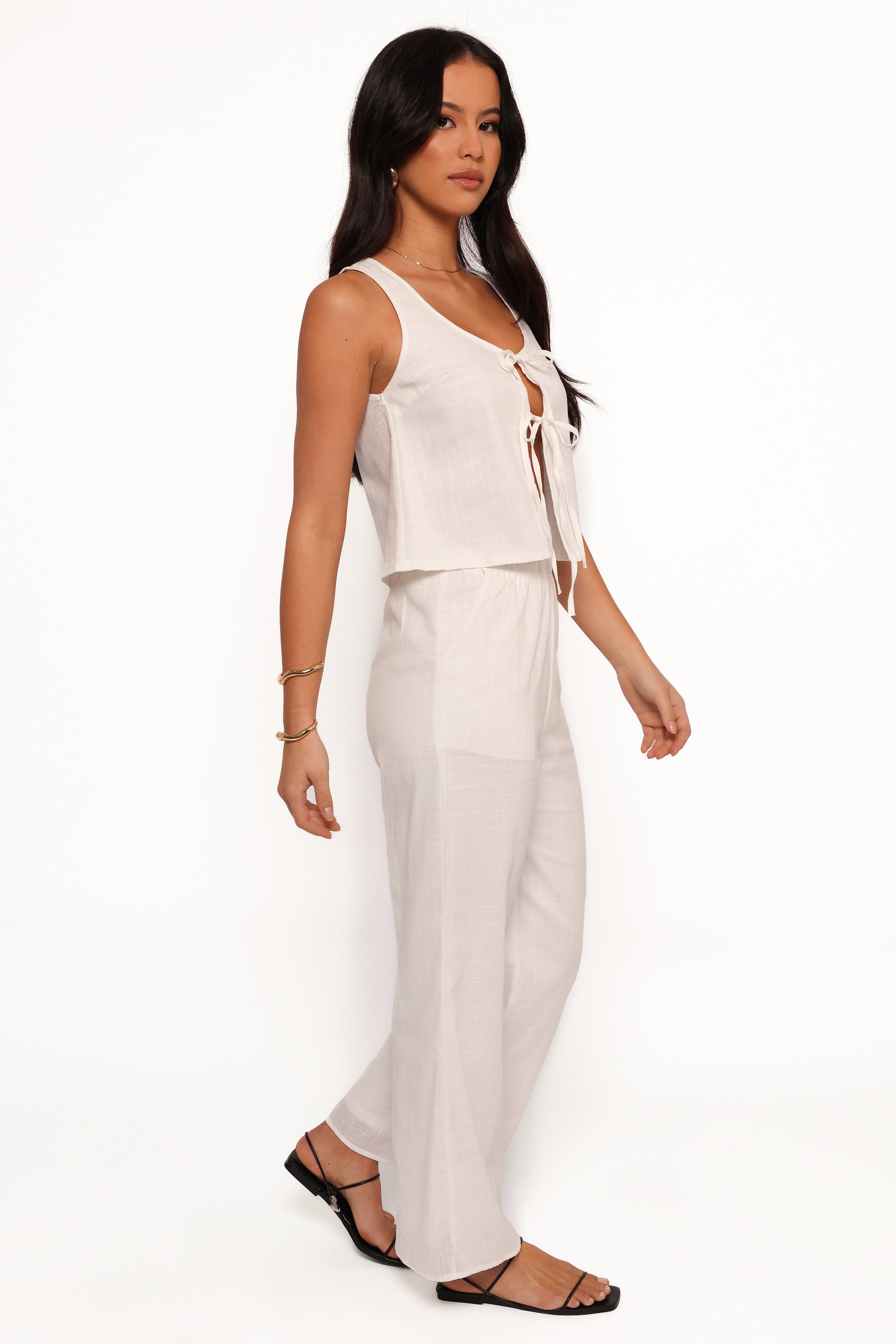 Rhaena Cotton Pant Set - White Sleeveless V-Neck Top & High-Waisted Pants