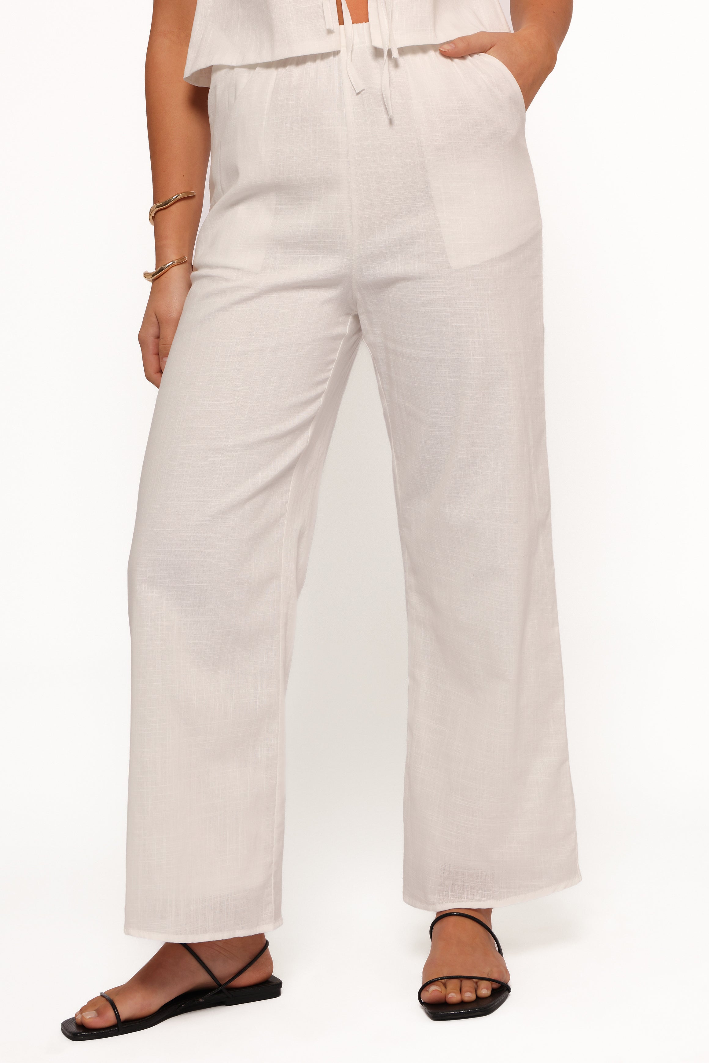 Rhaena Cotton Pant Set - White Sleeveless V-Neck Top & High-Waisted Pants