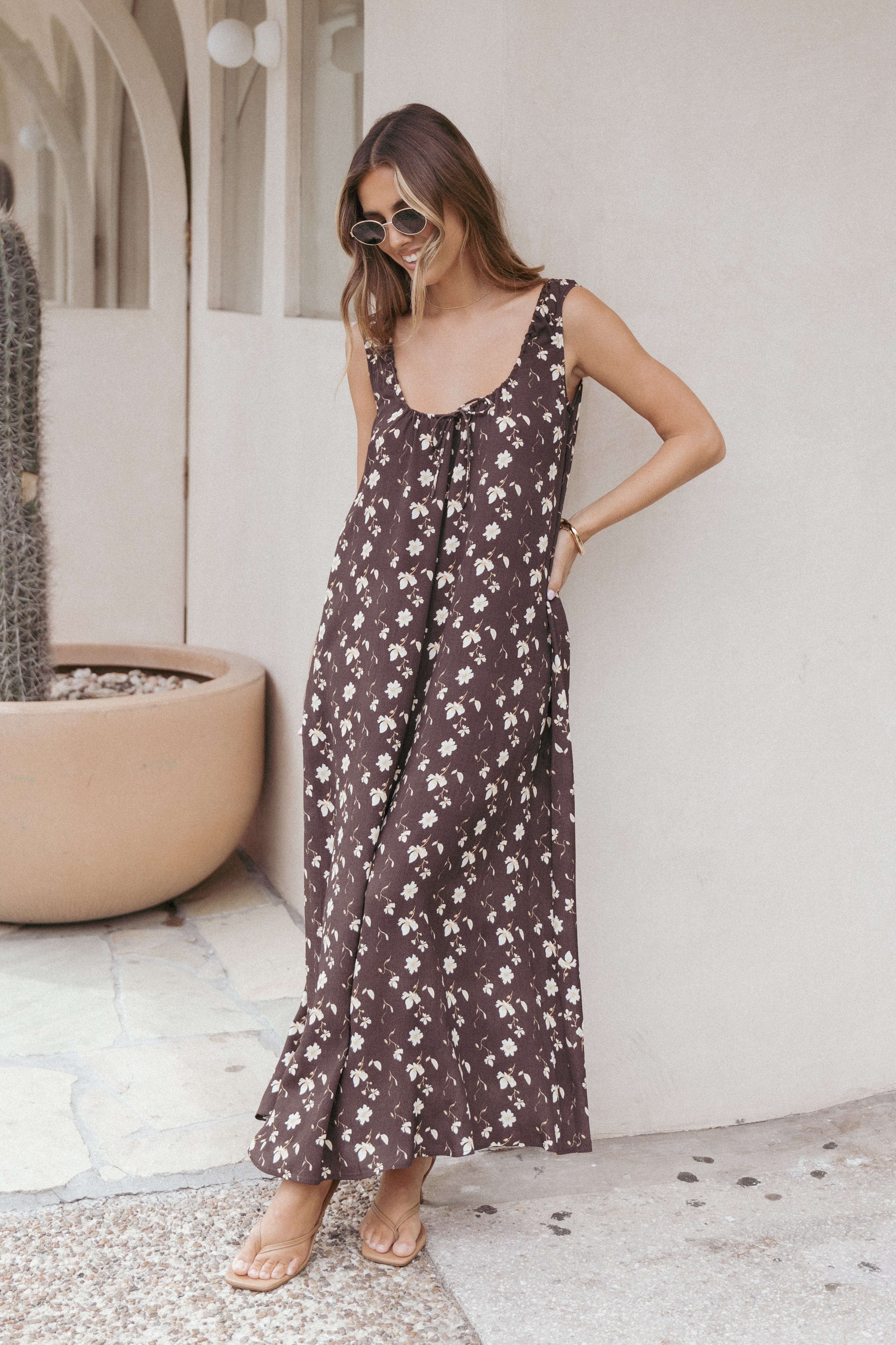 Brown Floral Maxi Dress with Drawstring Neckline | Bowman