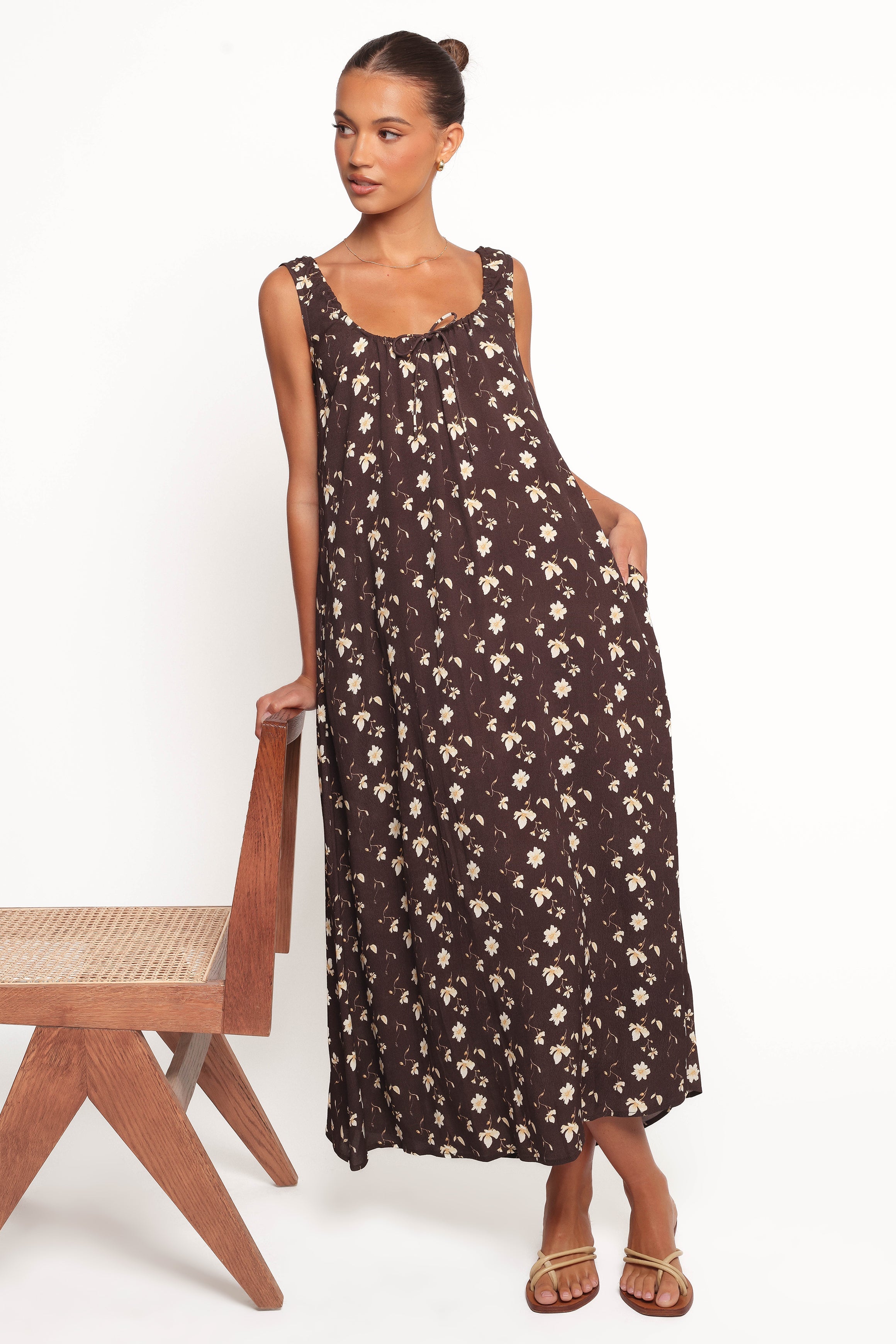 Brown Floral Maxi Dress with Drawstring Neckline | Bowman