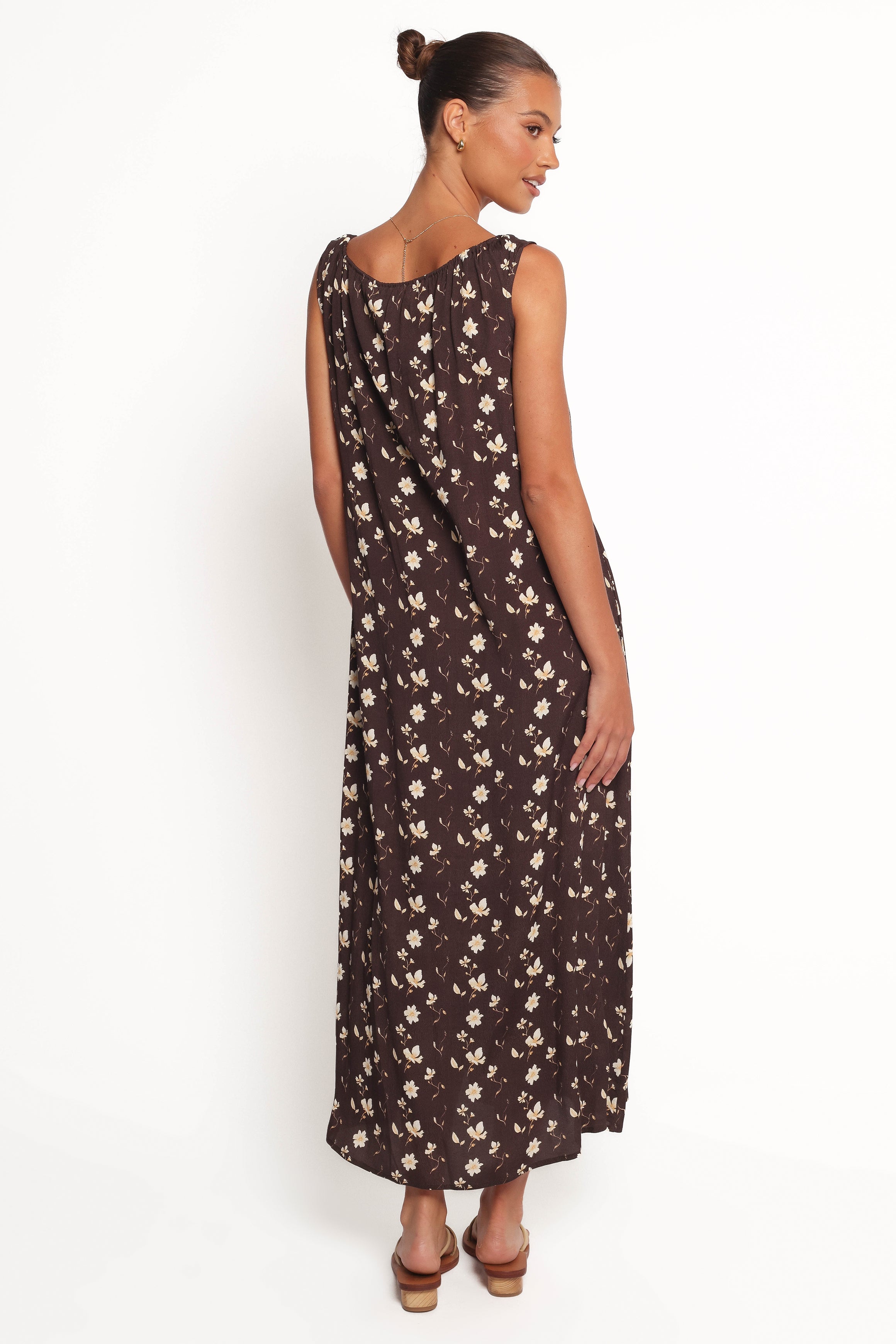 Brown Floral Maxi Dress with Drawstring Neckline | Bowman