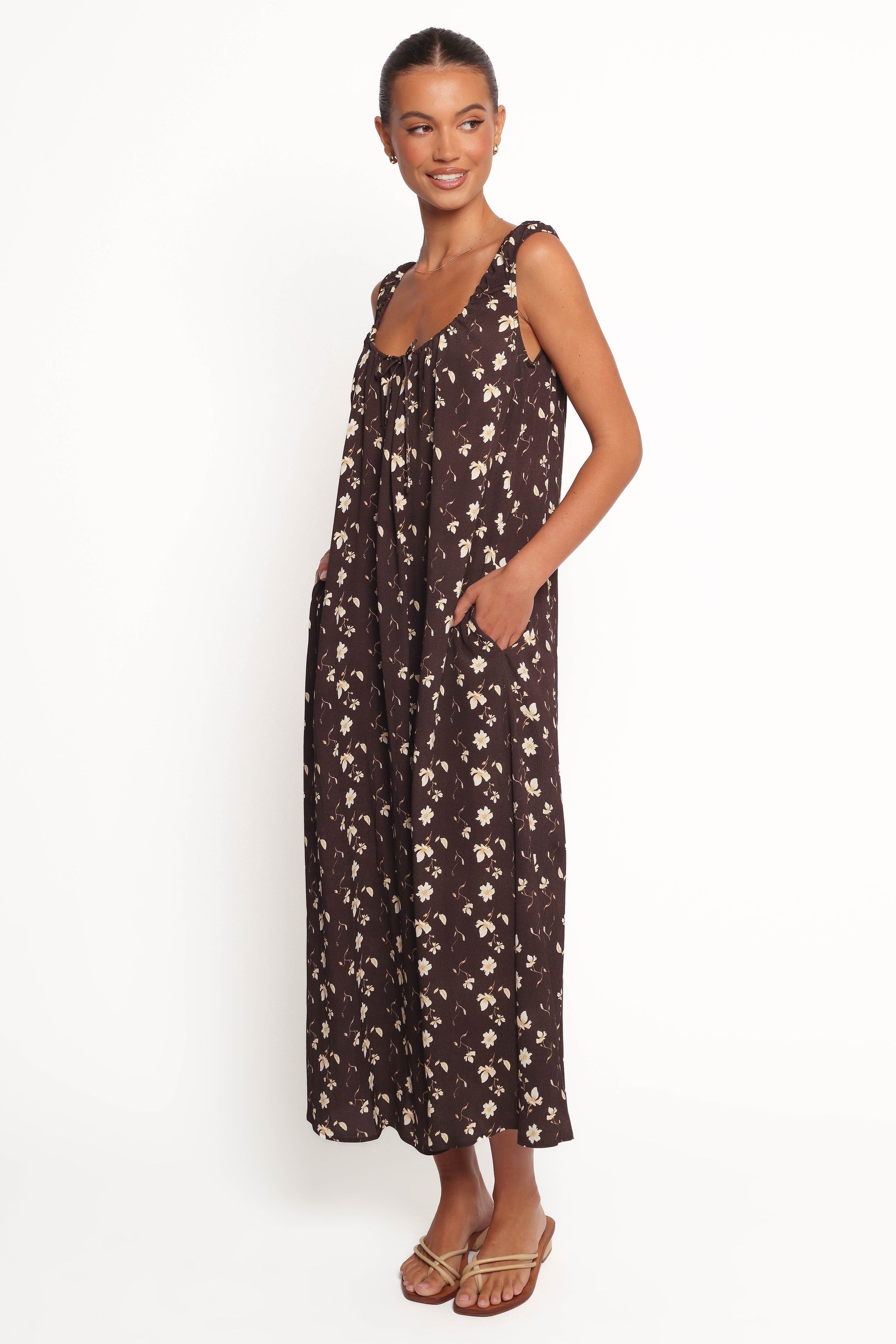 Brown Floral Maxi Dress with Drawstring Neckline | Bowman