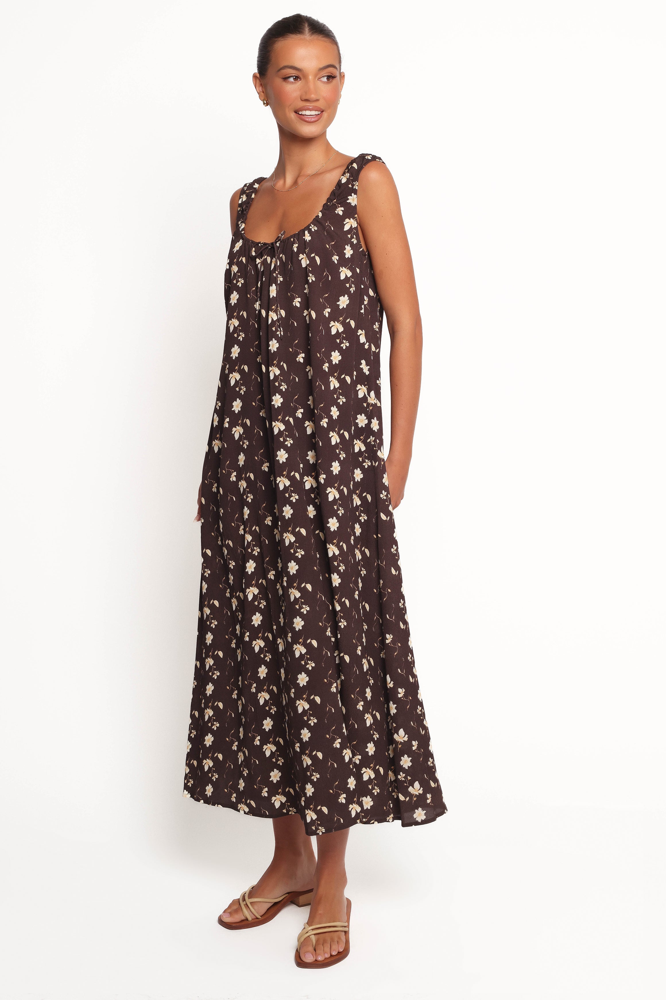 Brown Floral Maxi Dress with Drawstring Neckline | Bowman