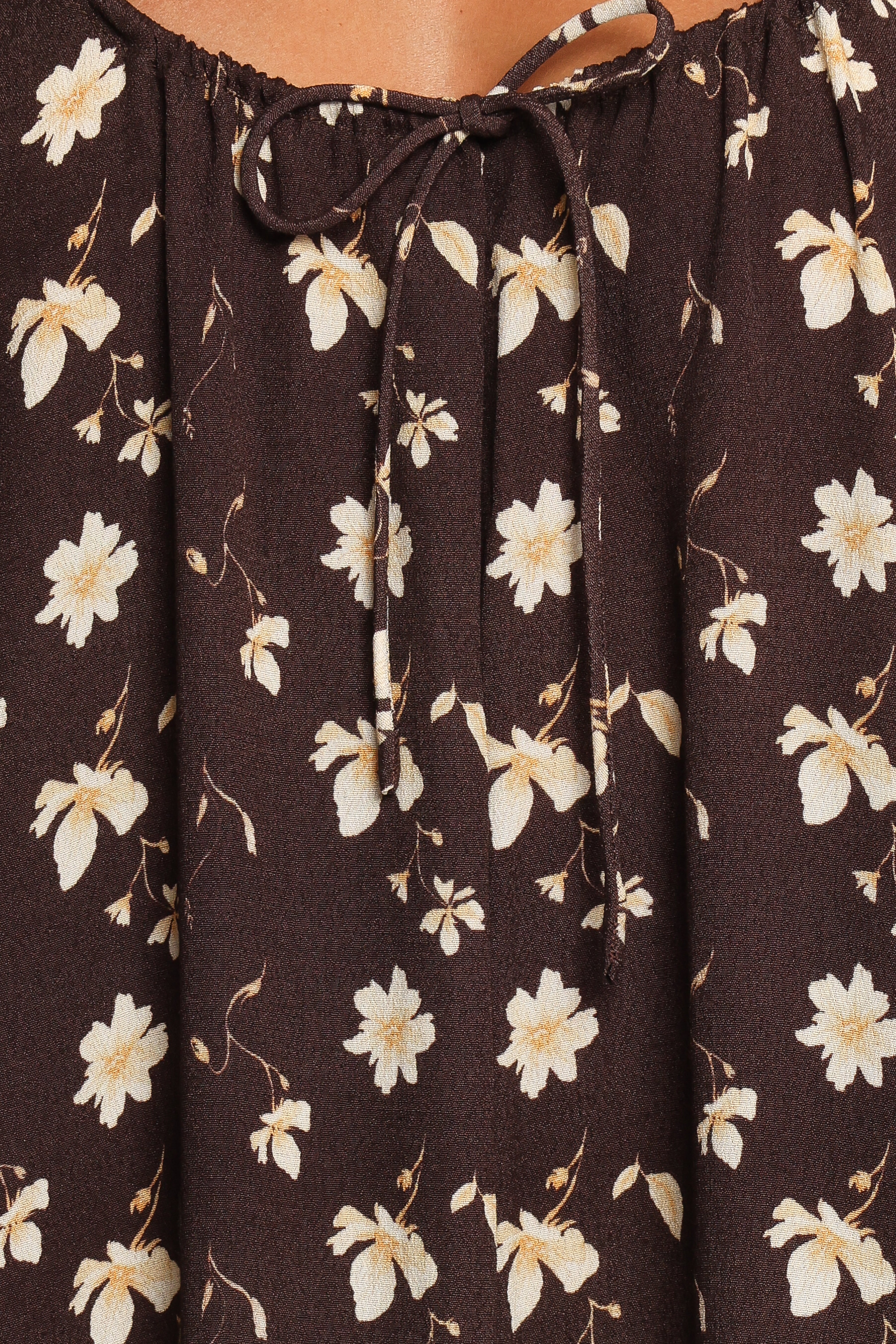 Brown Floral Maxi Dress with Drawstring Neckline | Bowman