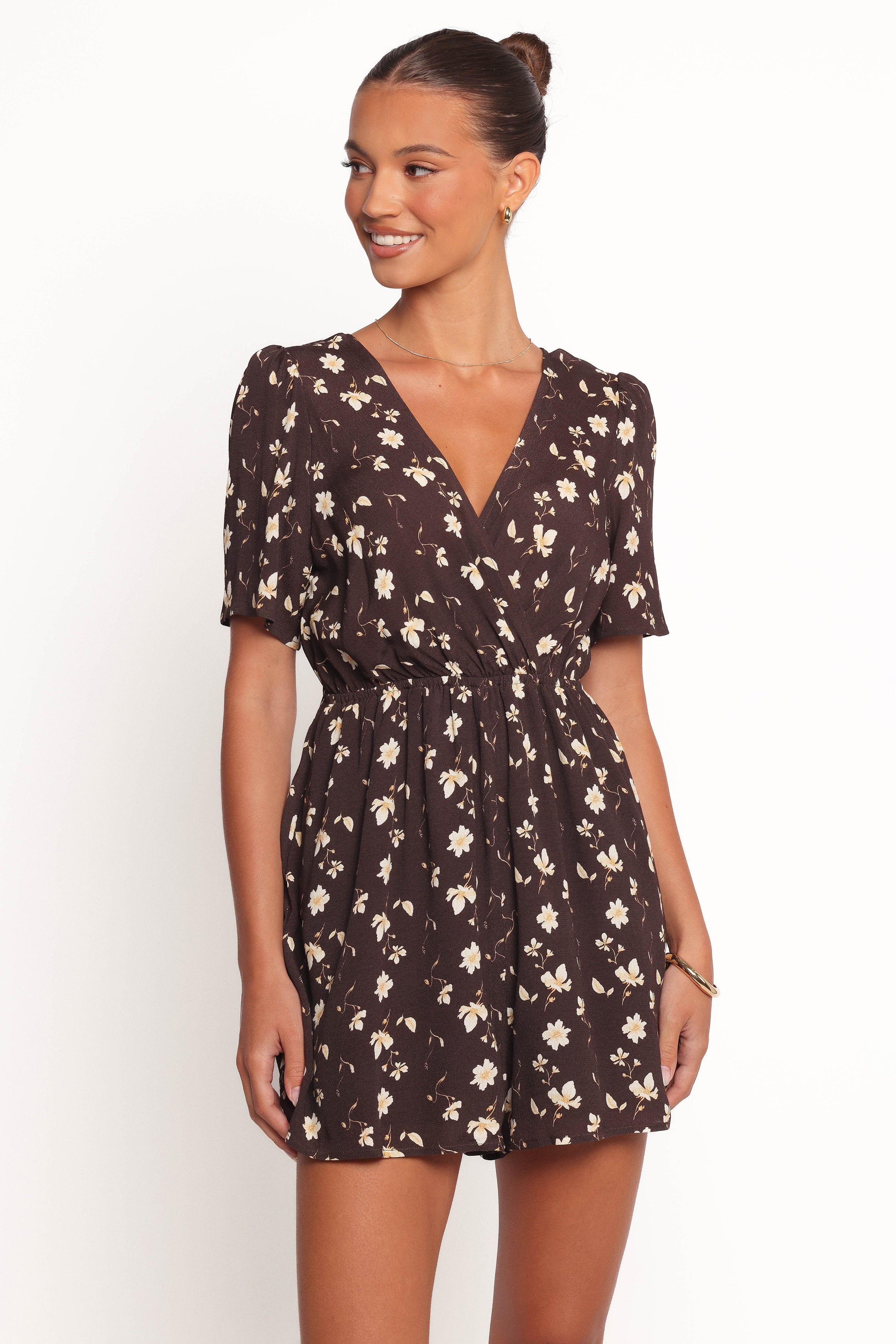 Brown Ditsy Floral Wrap Romper with Pockets - Raschelle