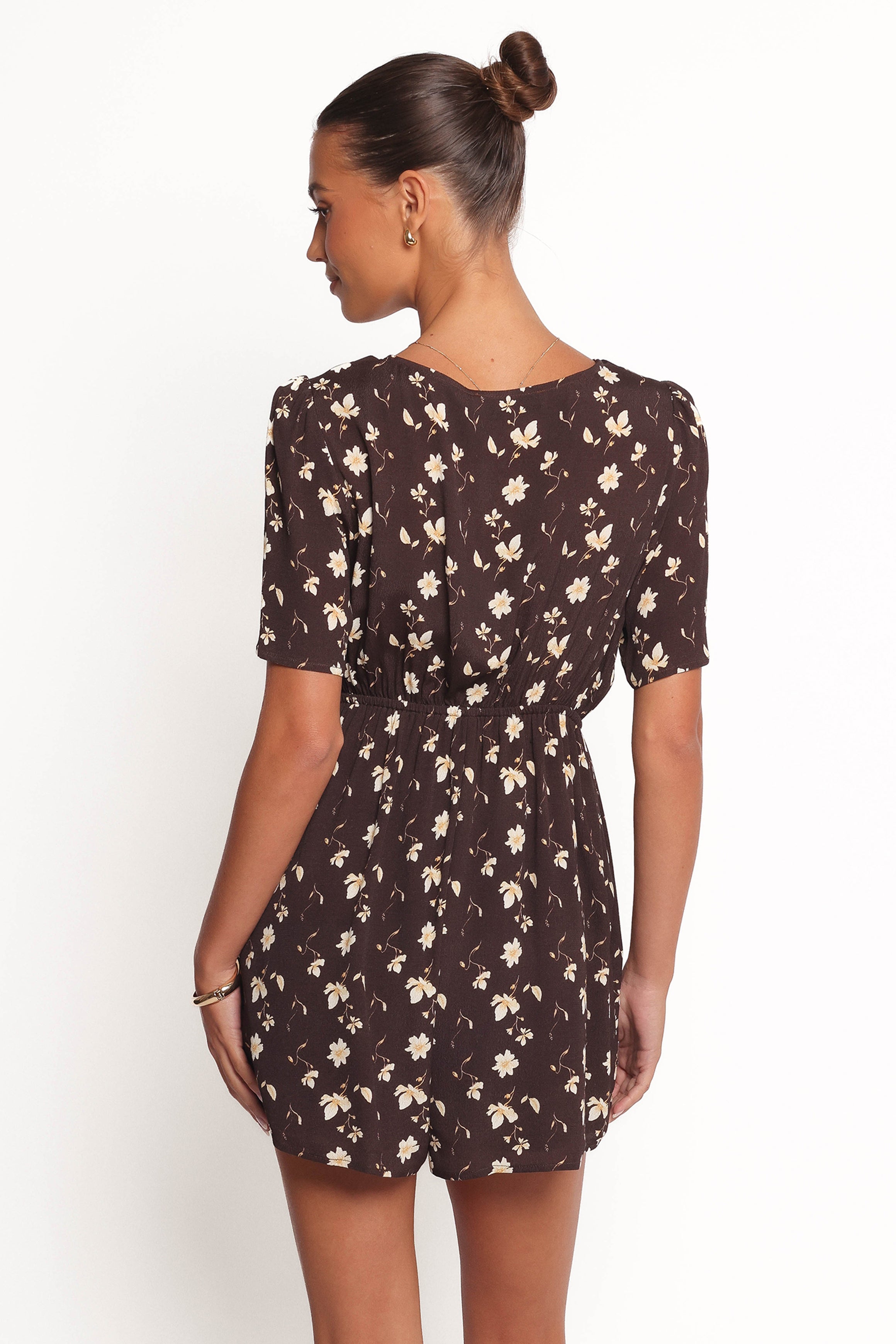 Brown Ditsy Floral Wrap Romper with Pockets - Raschelle