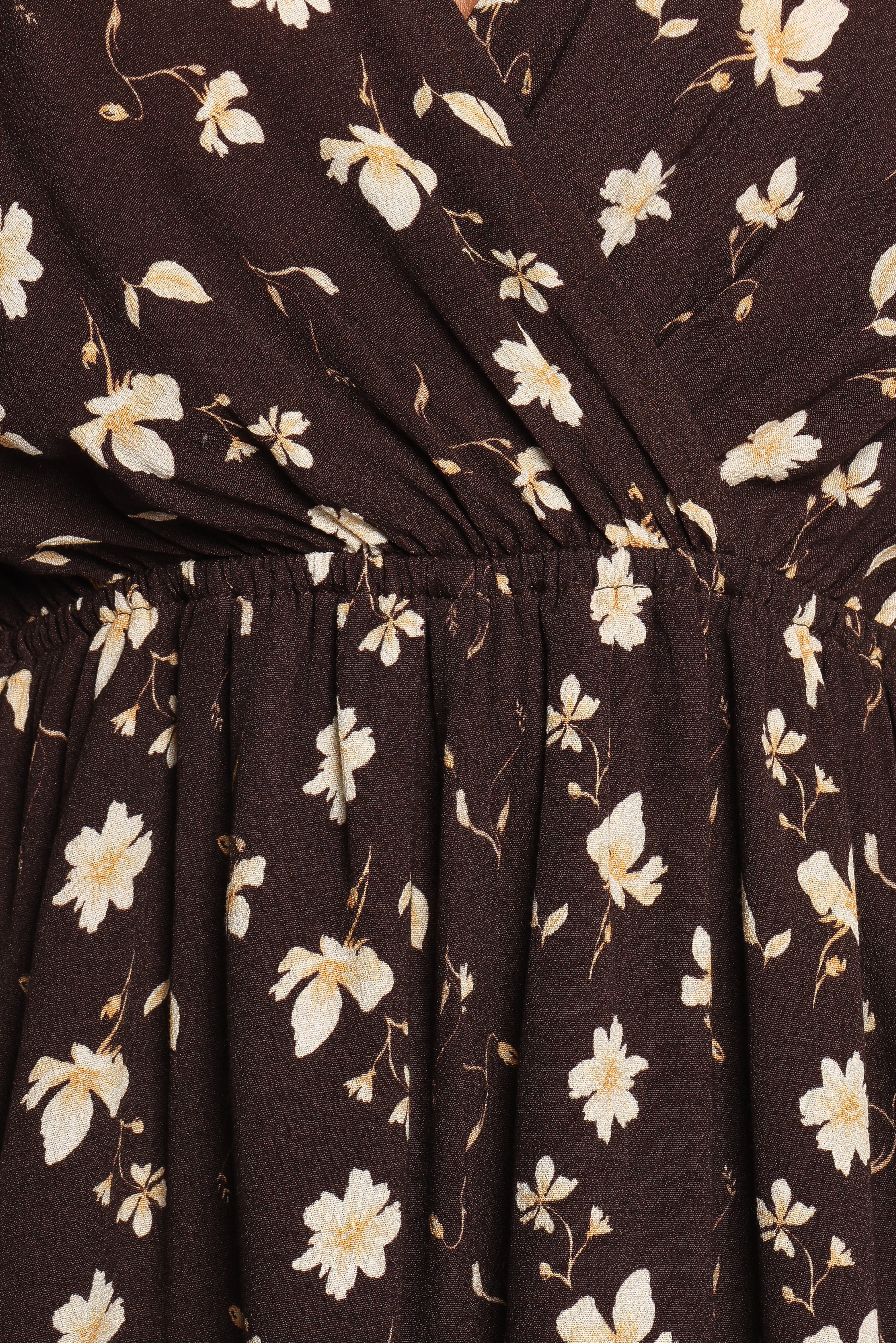 Brown Ditsy Floral Wrap Romper with Pockets - Raschelle