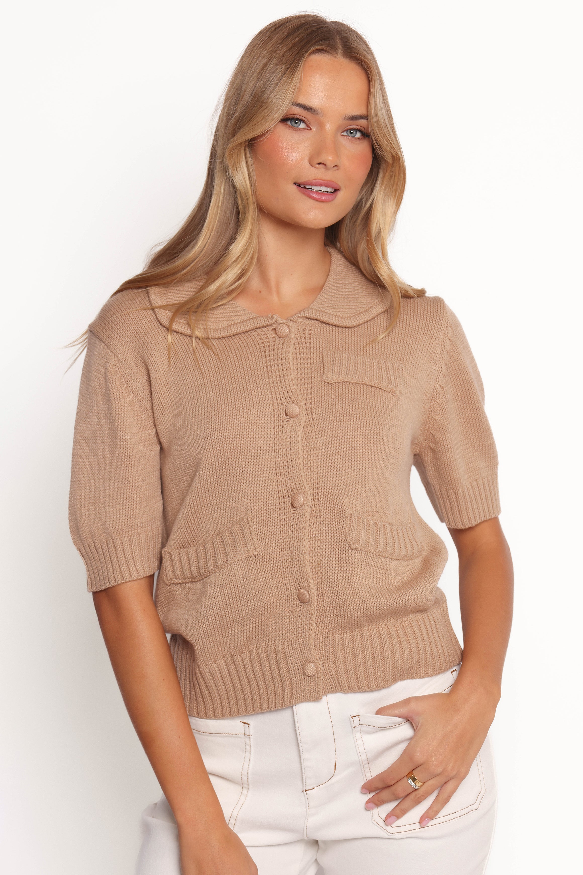 Beige Roman Button Front Cardigan - Recycled Polyester Blend