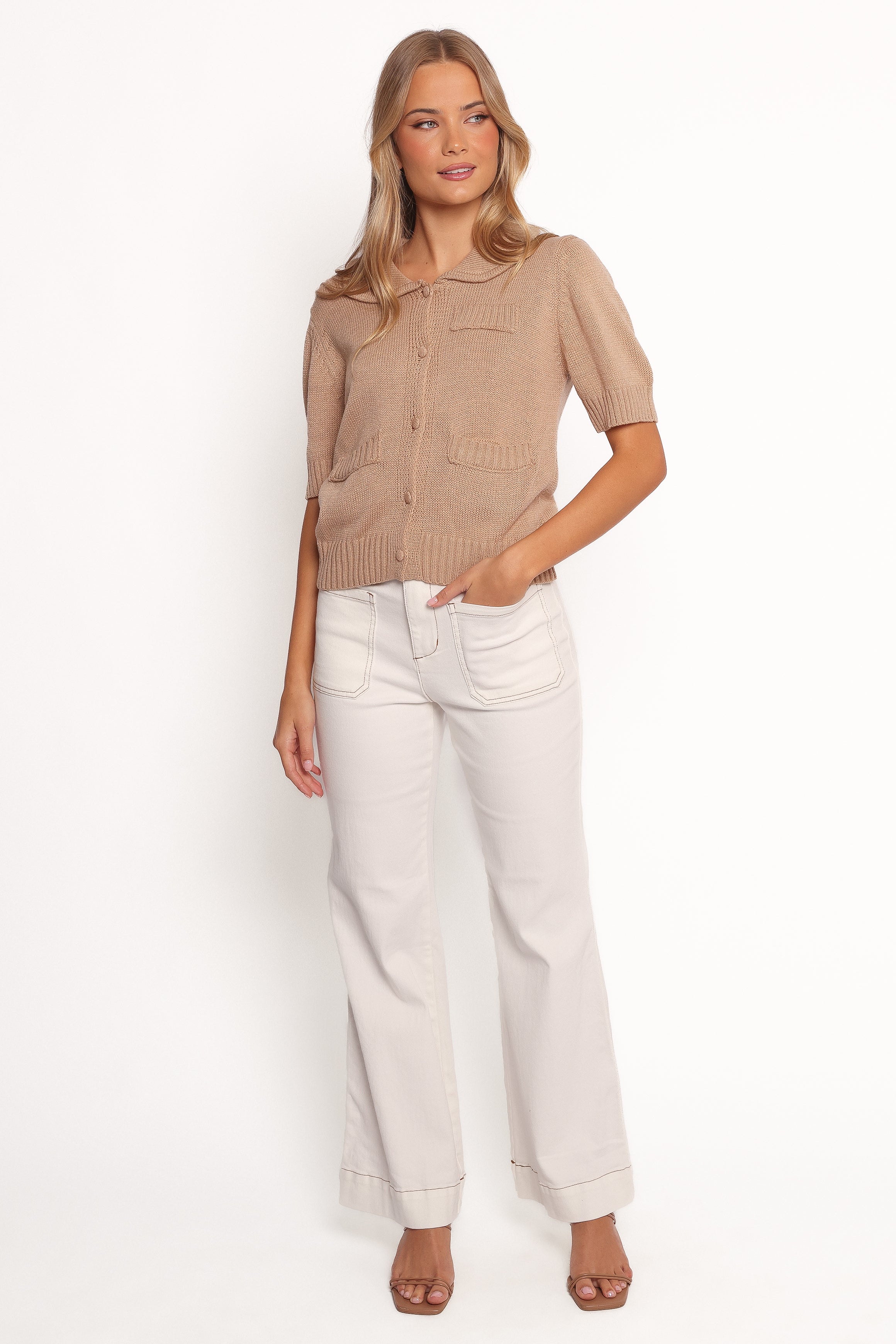 Beige Roman Button Front Cardigan - Recycled Polyester Blend
