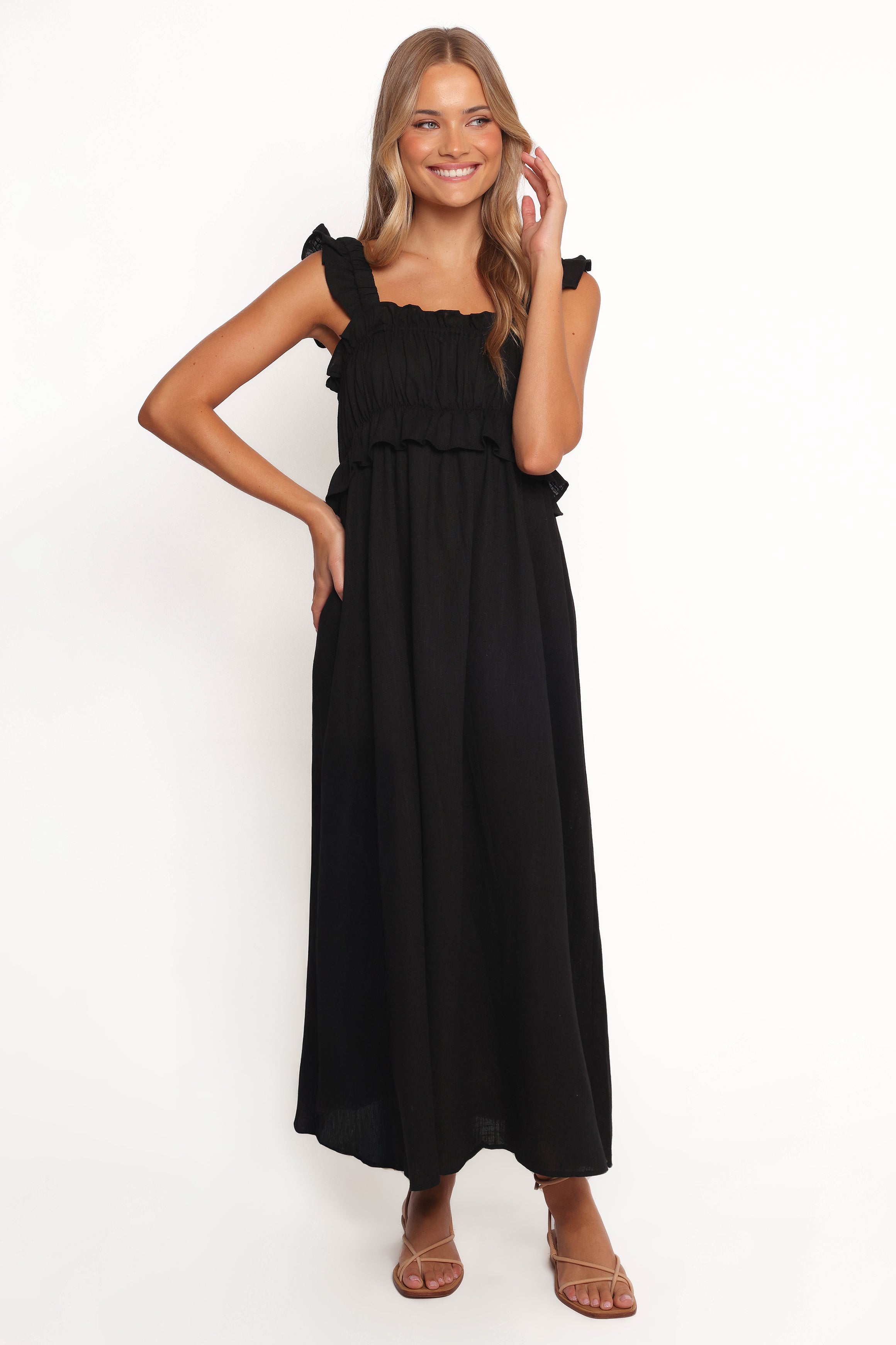 Black Ross Frill Strap Maxi Dress with Square Neckline