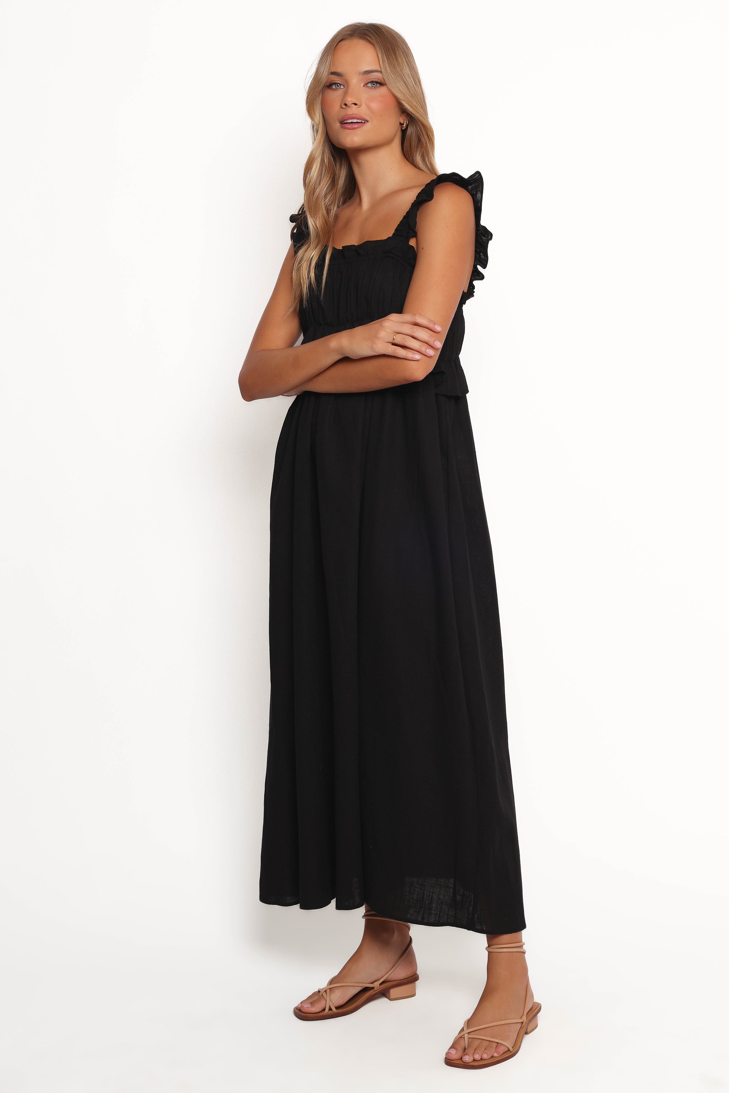 Black Ross Frill Strap Maxi Dress with Square Neckline