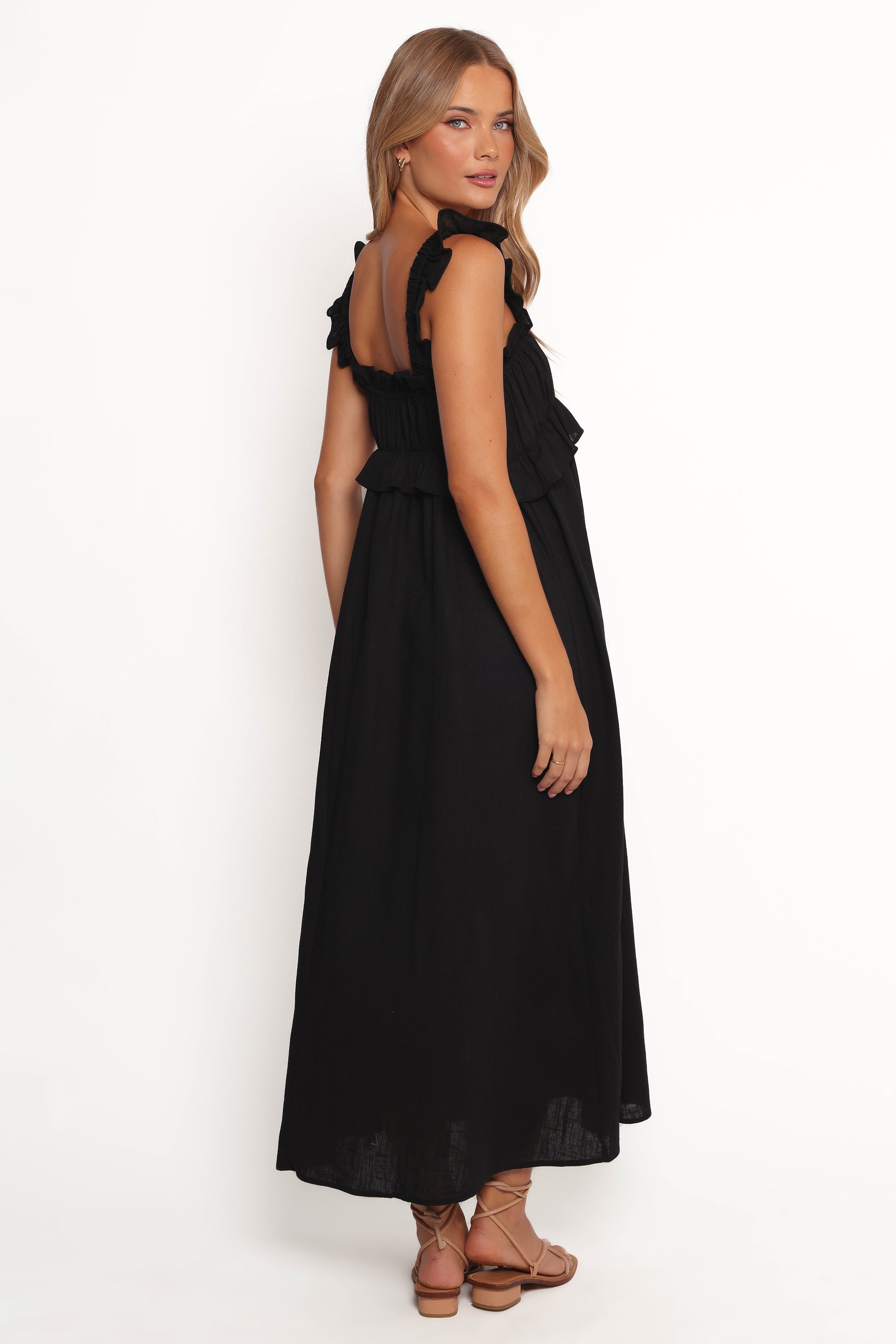 Black Ross Frill Strap Maxi Dress with Square Neckline