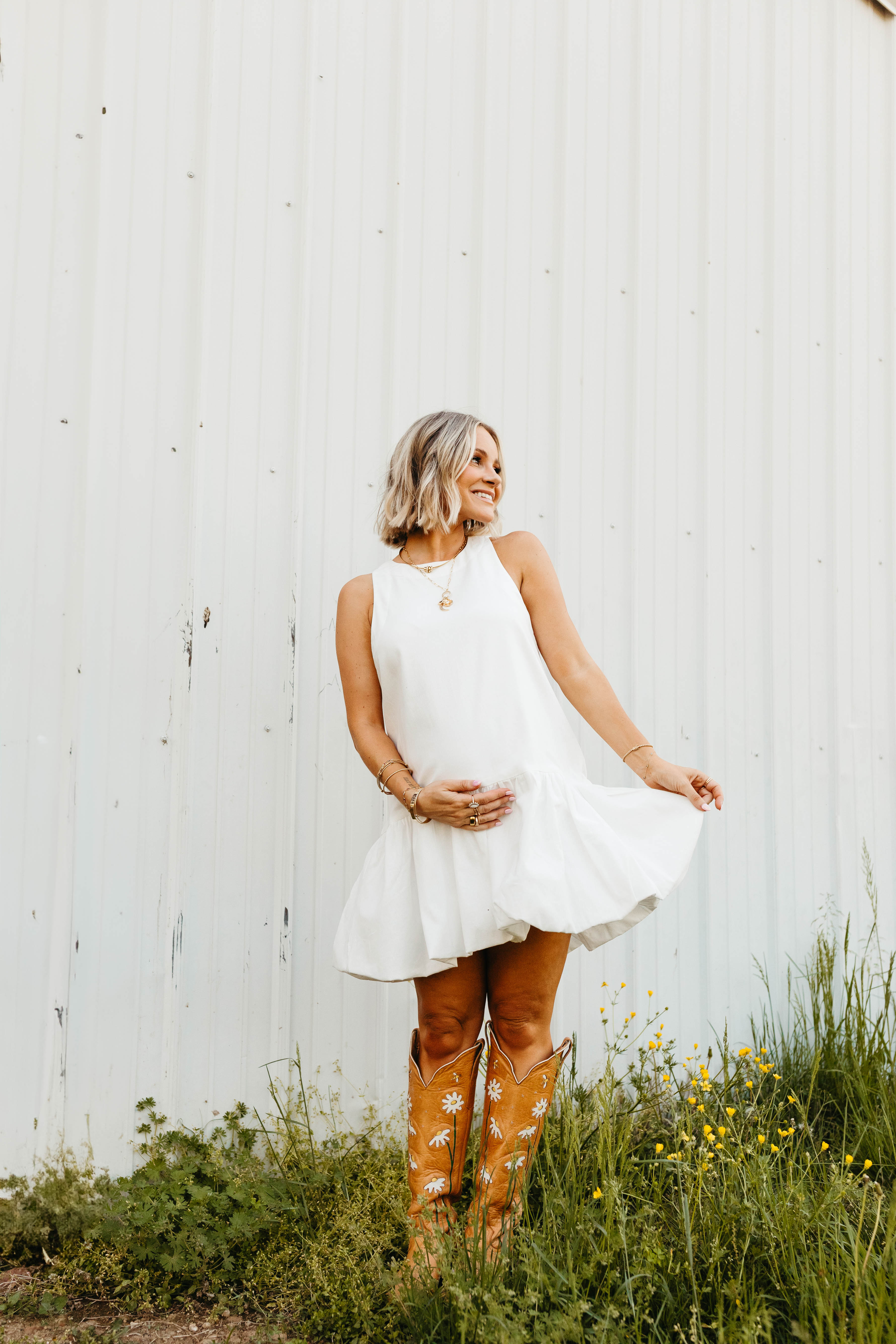 Zurich White Bubble Hem Mini Dress - Round Neck Lined Rayon