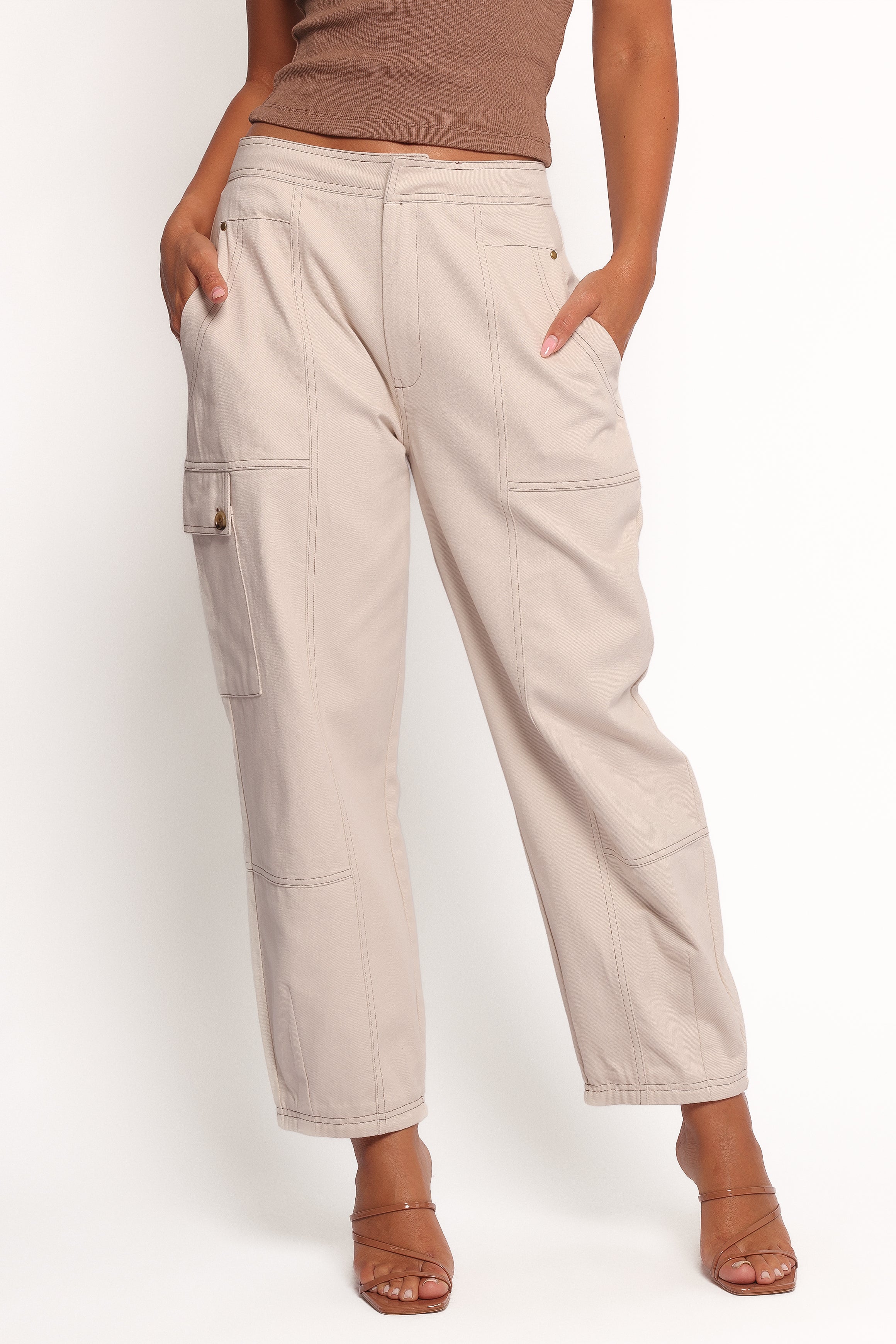 Kiah High Waisted Cargo Pants - Ecru Cotton Denim