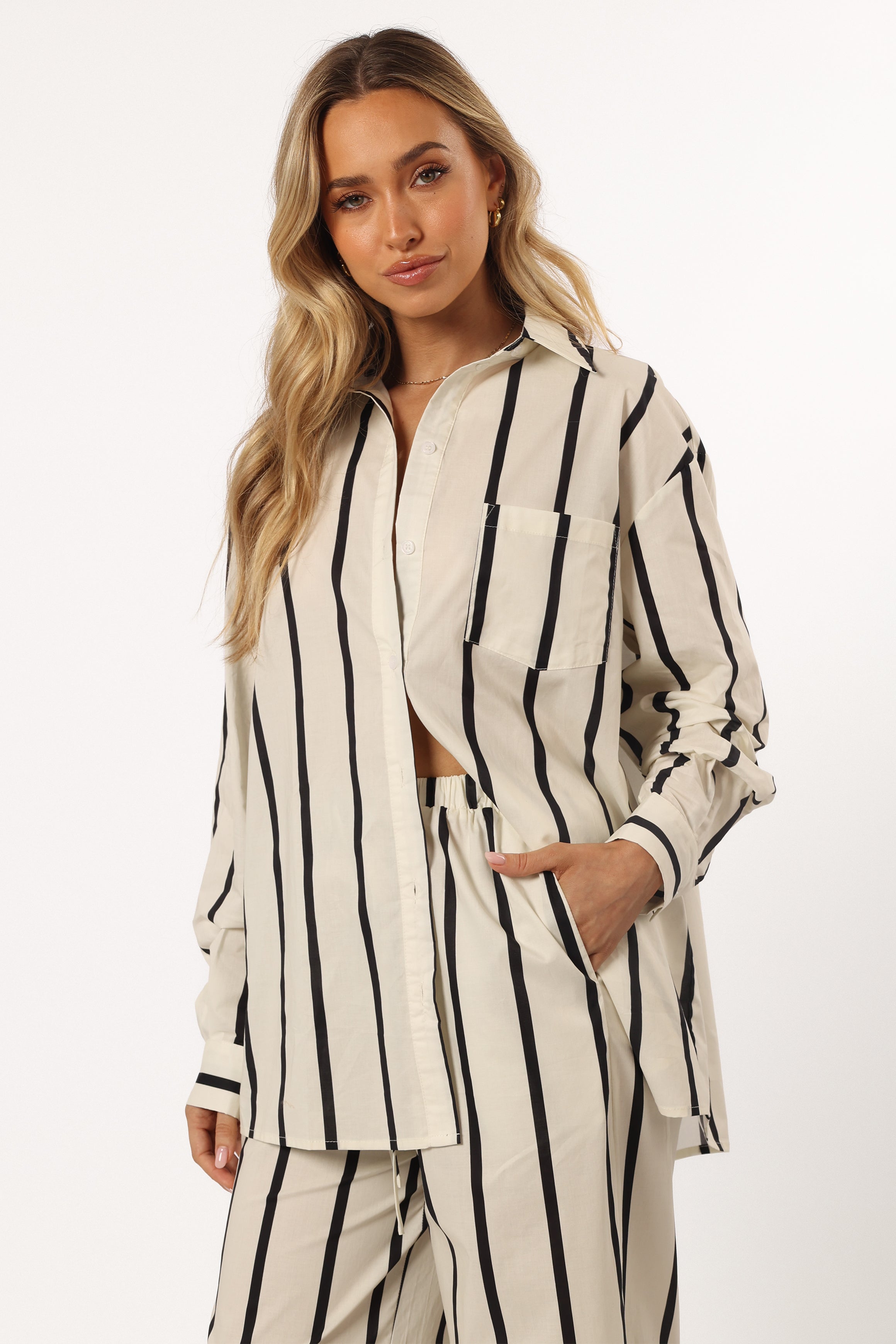 Silvia Cotton Button Down Shirt - Cream Stripe Relaxed Fit