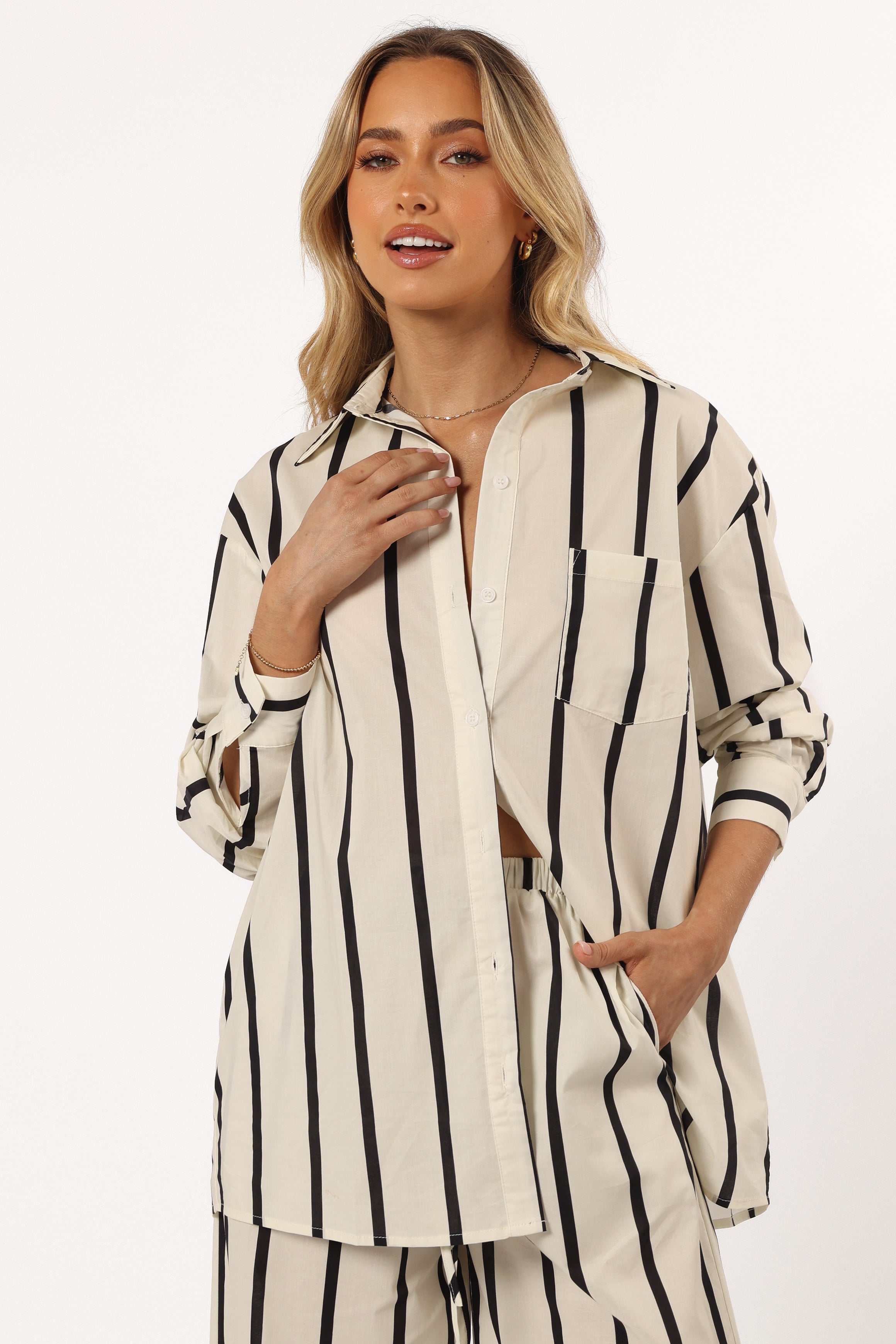 Silvia Cotton Button Down Shirt - Cream Stripe Relaxed Fit