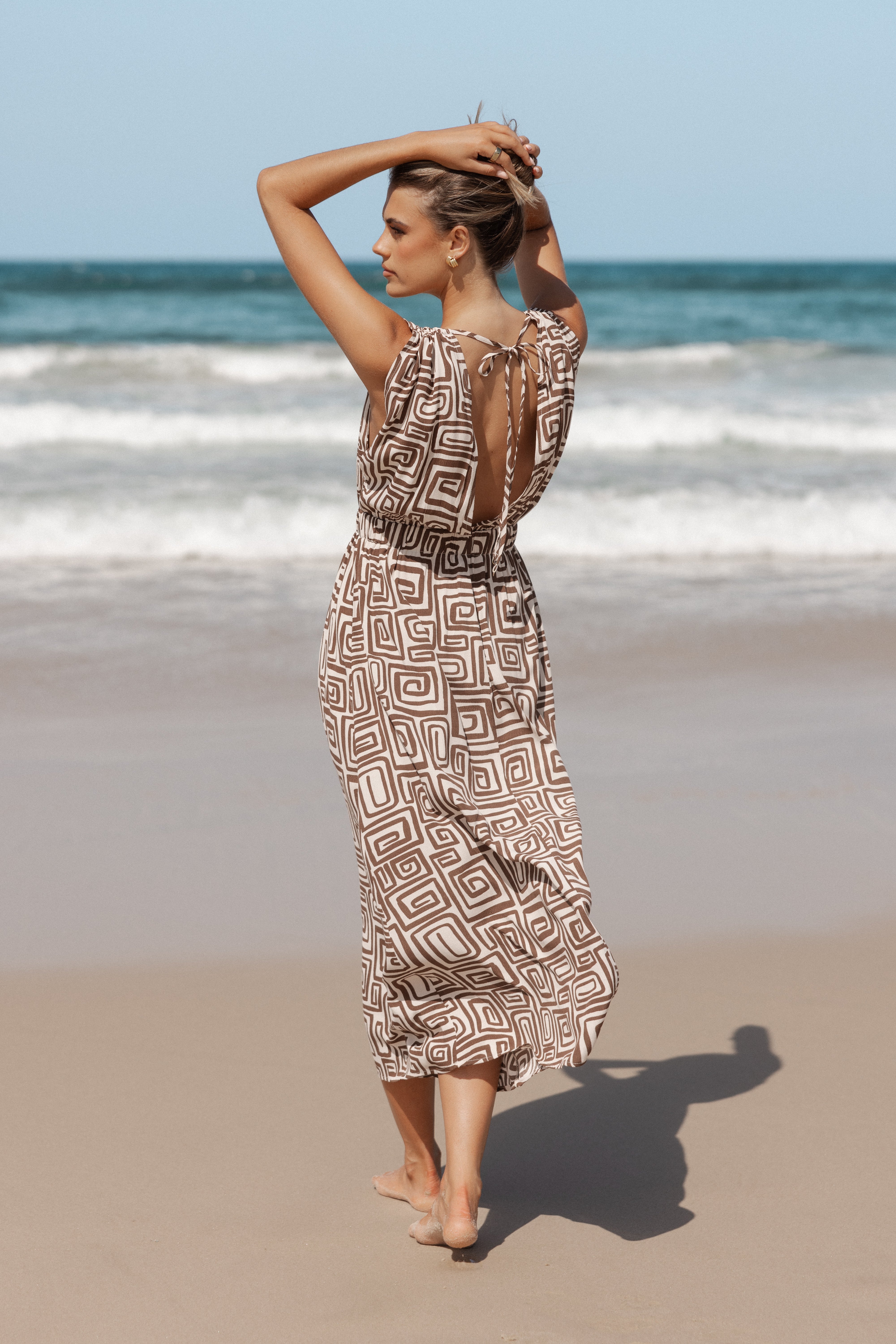 Solange Brown Geometric Print V-Neck Maxi Dress
