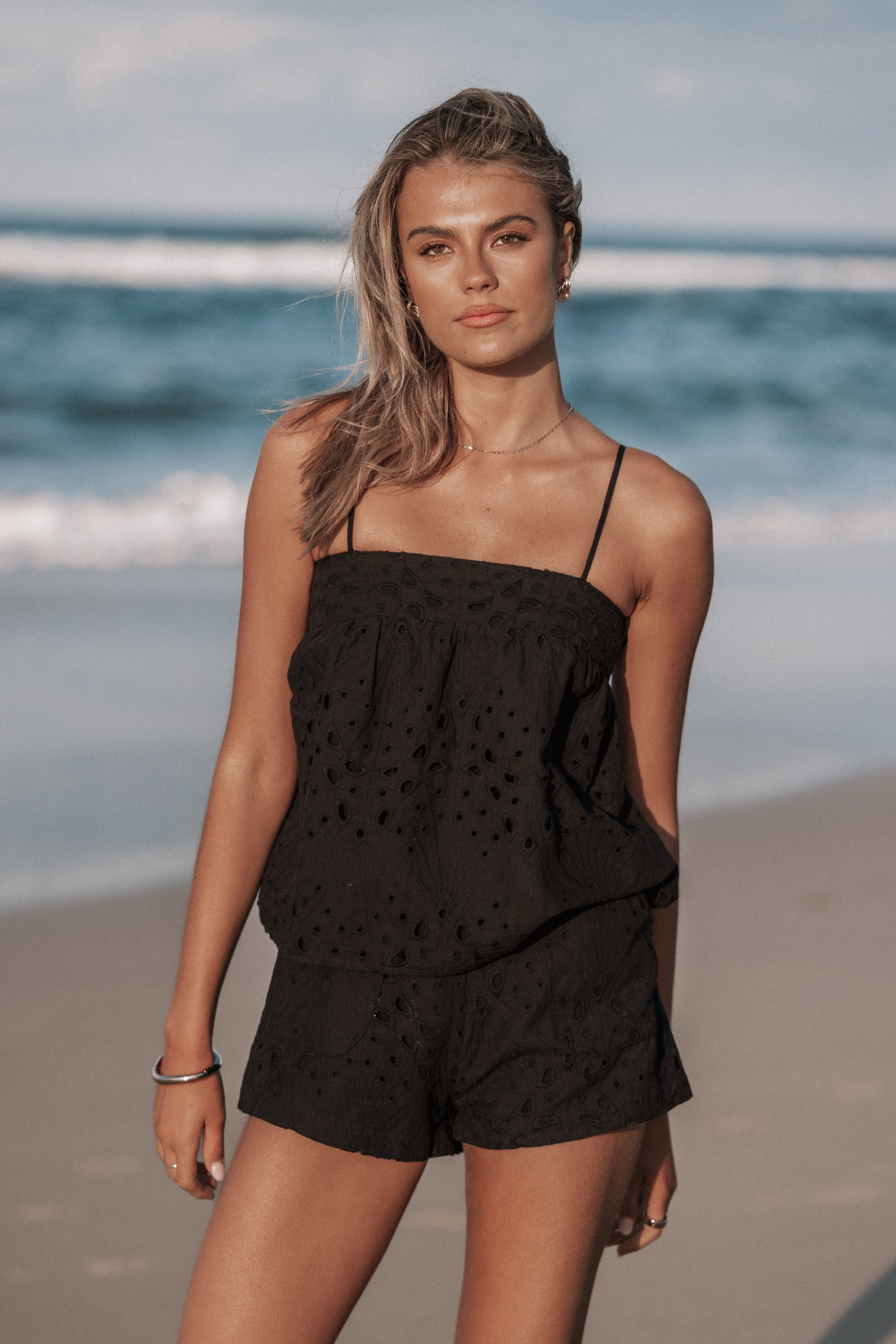 Black Calla Short Set - Babydoll Top & High-Waisted Shorts