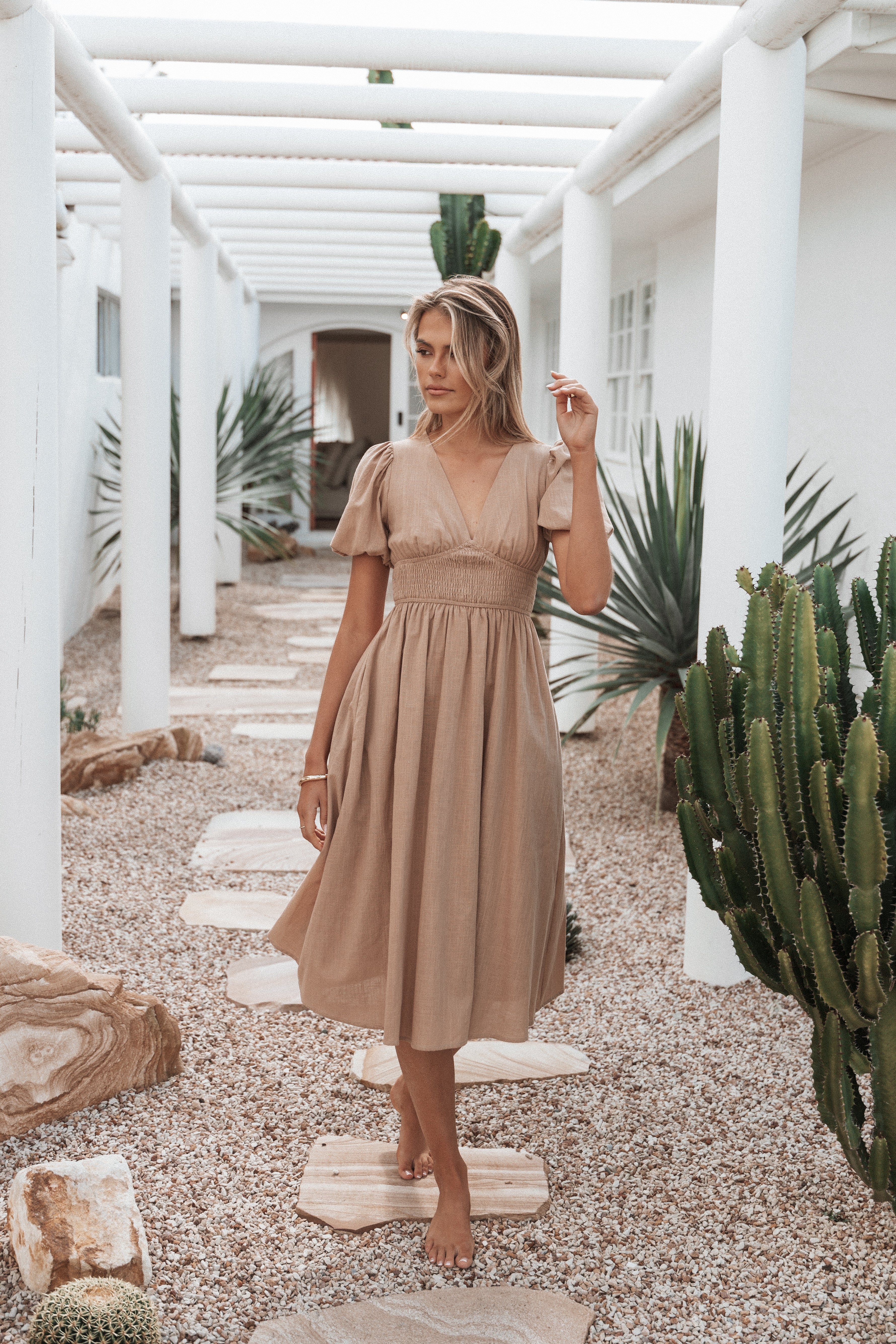 Ronnie V-Neck Midi Dress with Shirred Waist - Tan