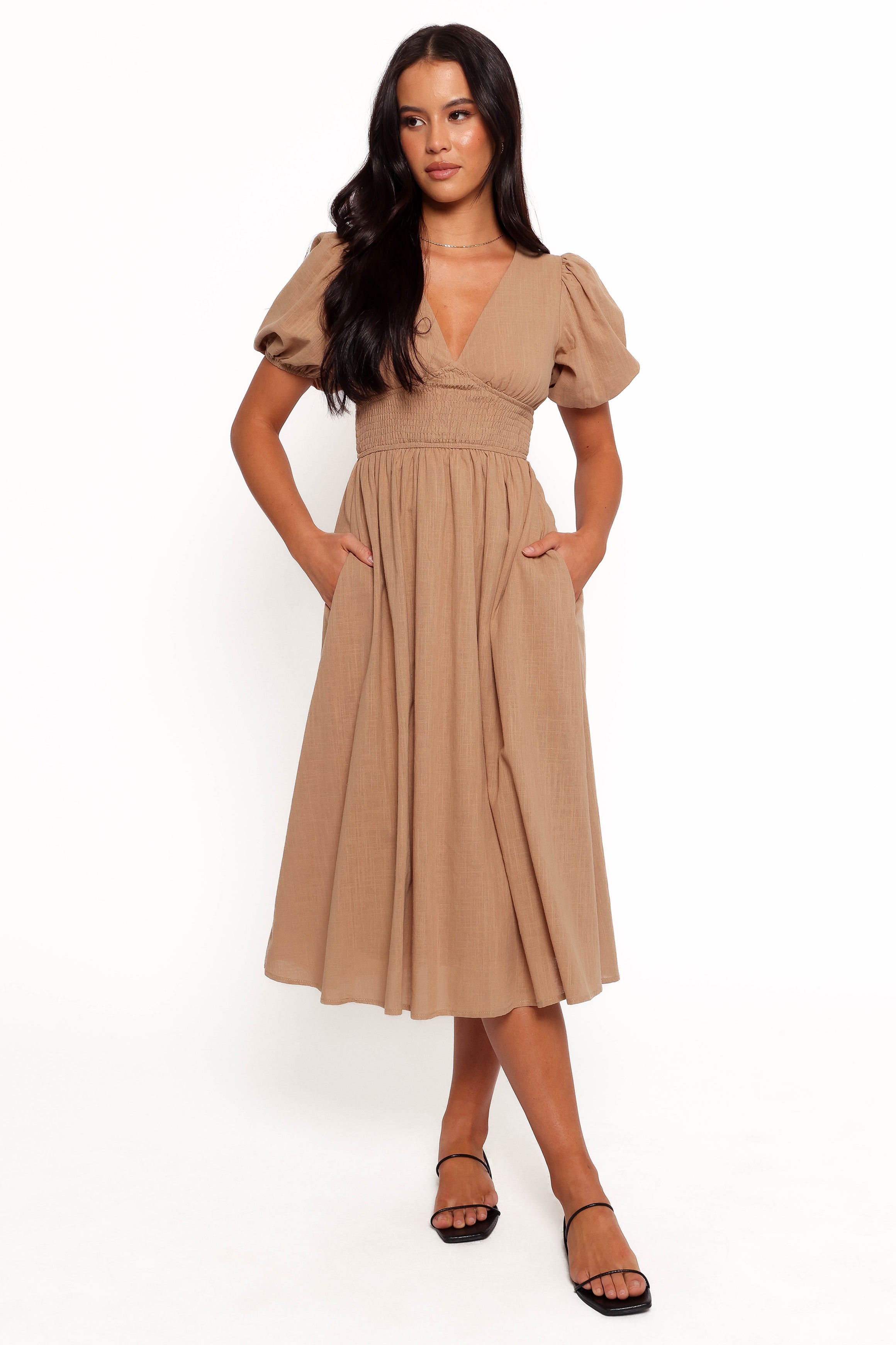 Ronnie V-Neck Midi Dress with Shirred Waist - Tan