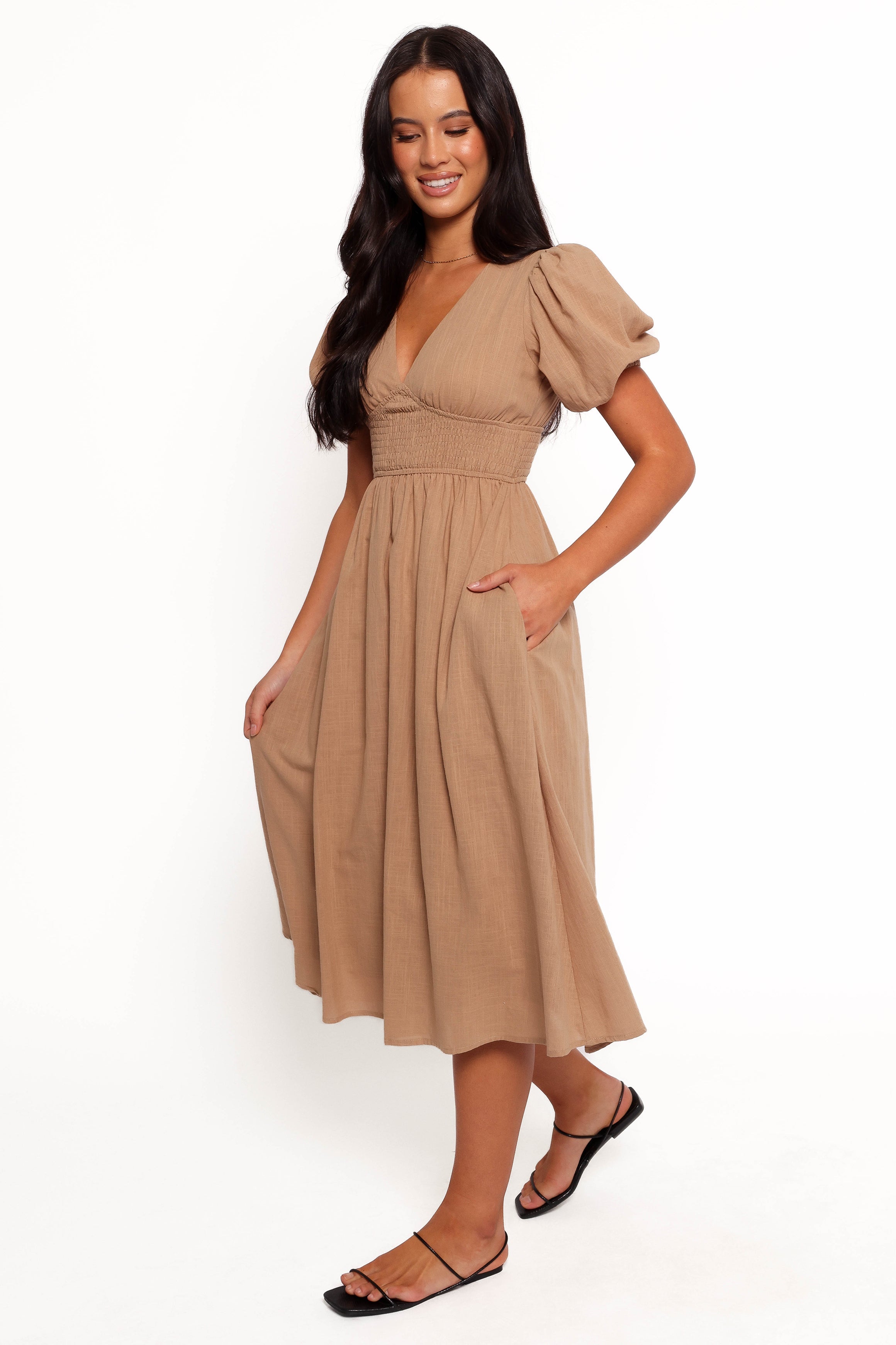 Ronnie V-Neck Midi Dress with Shirred Waist - Tan