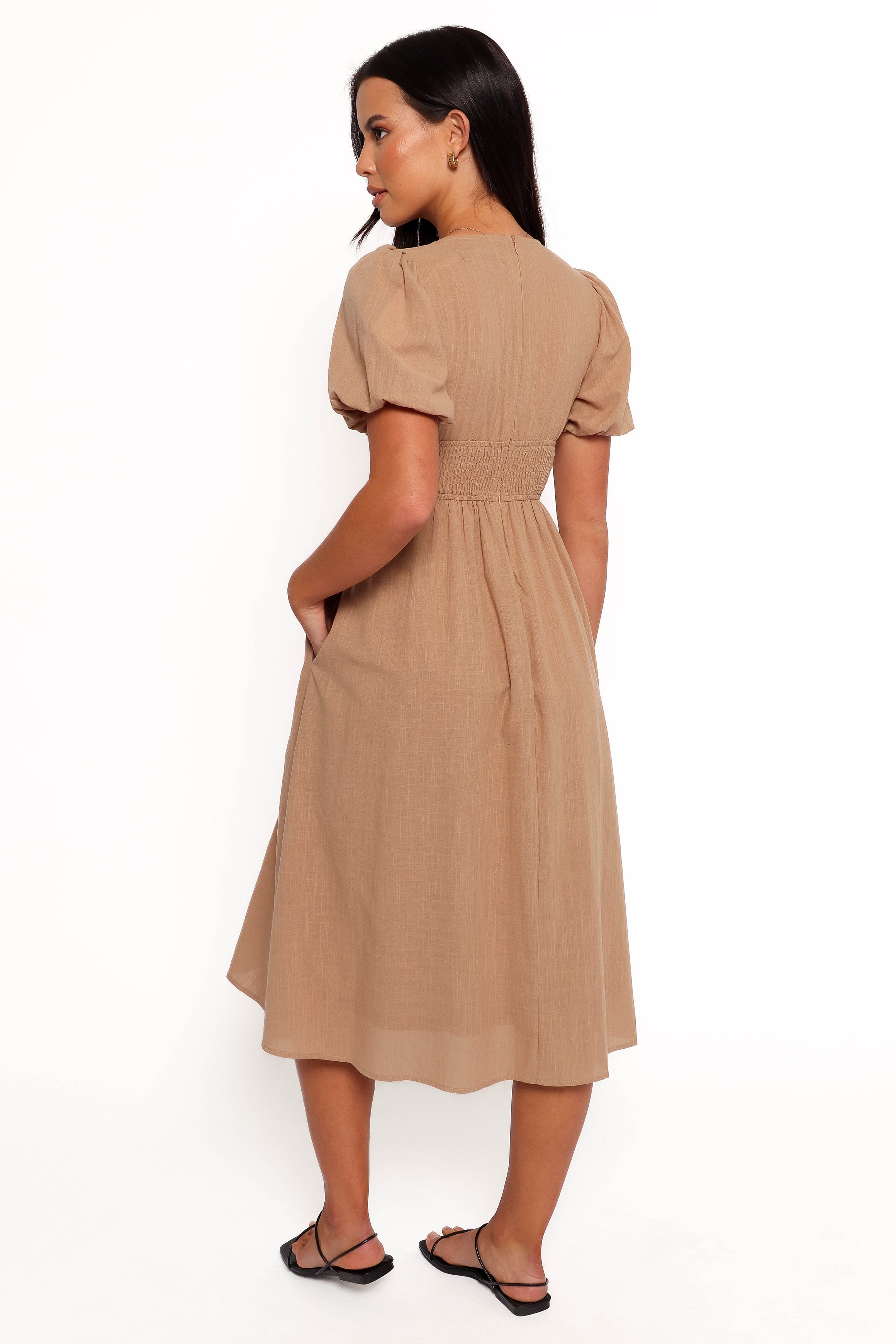 Ronnie V-Neck Midi Dress with Shirred Waist - Tan