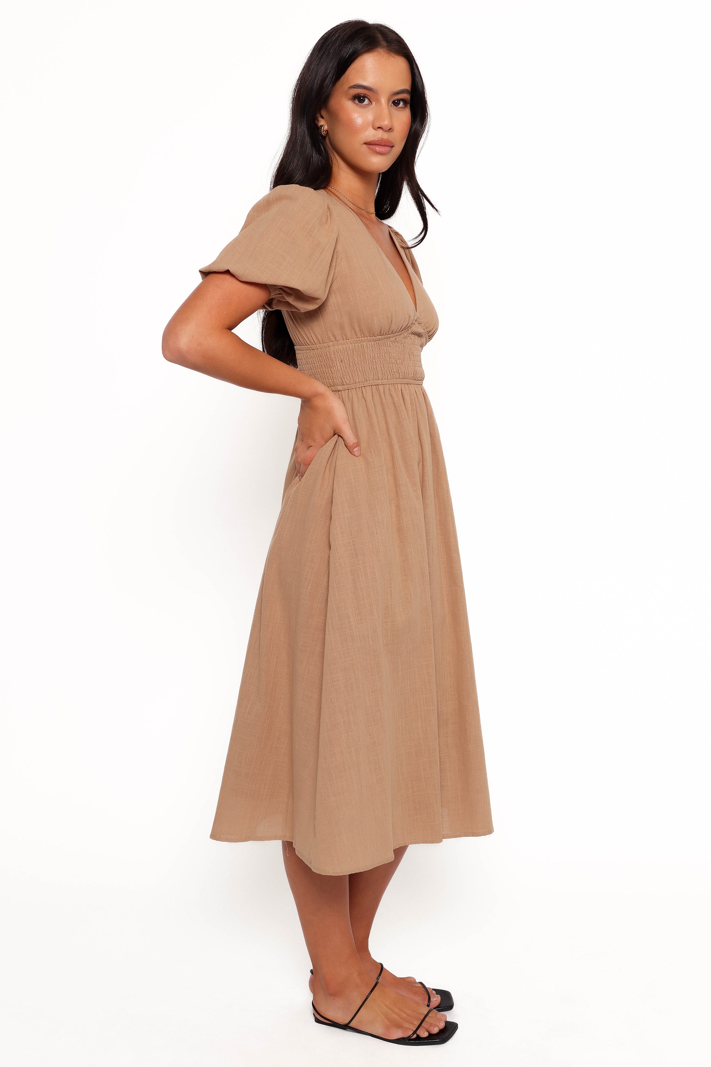 Ronnie V-Neck Midi Dress with Shirred Waist - Tan