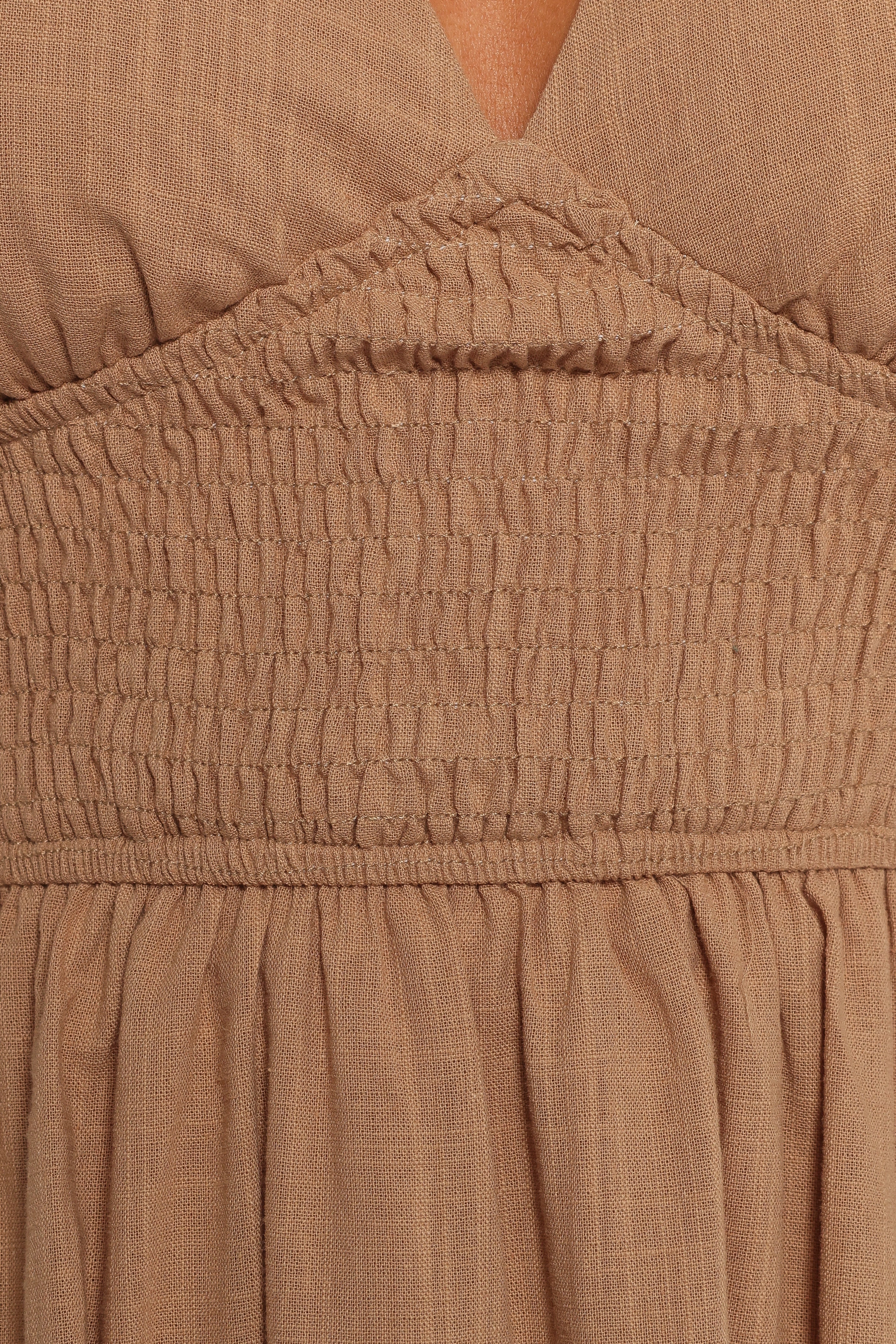 Ronnie V-Neck Midi Dress with Shirred Waist - Tan