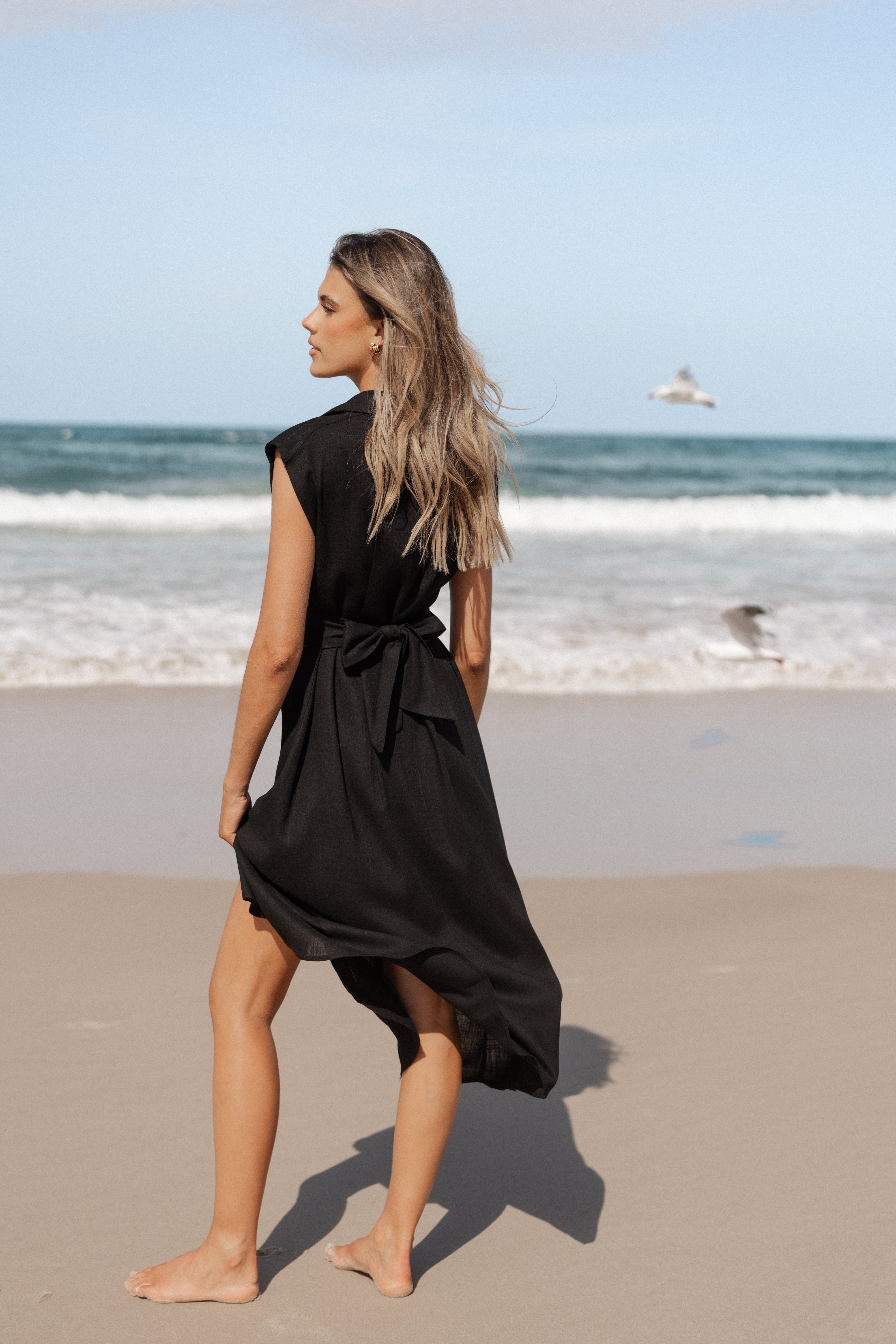 Women's Black Cami Midi Dress with Adjustable Neckline