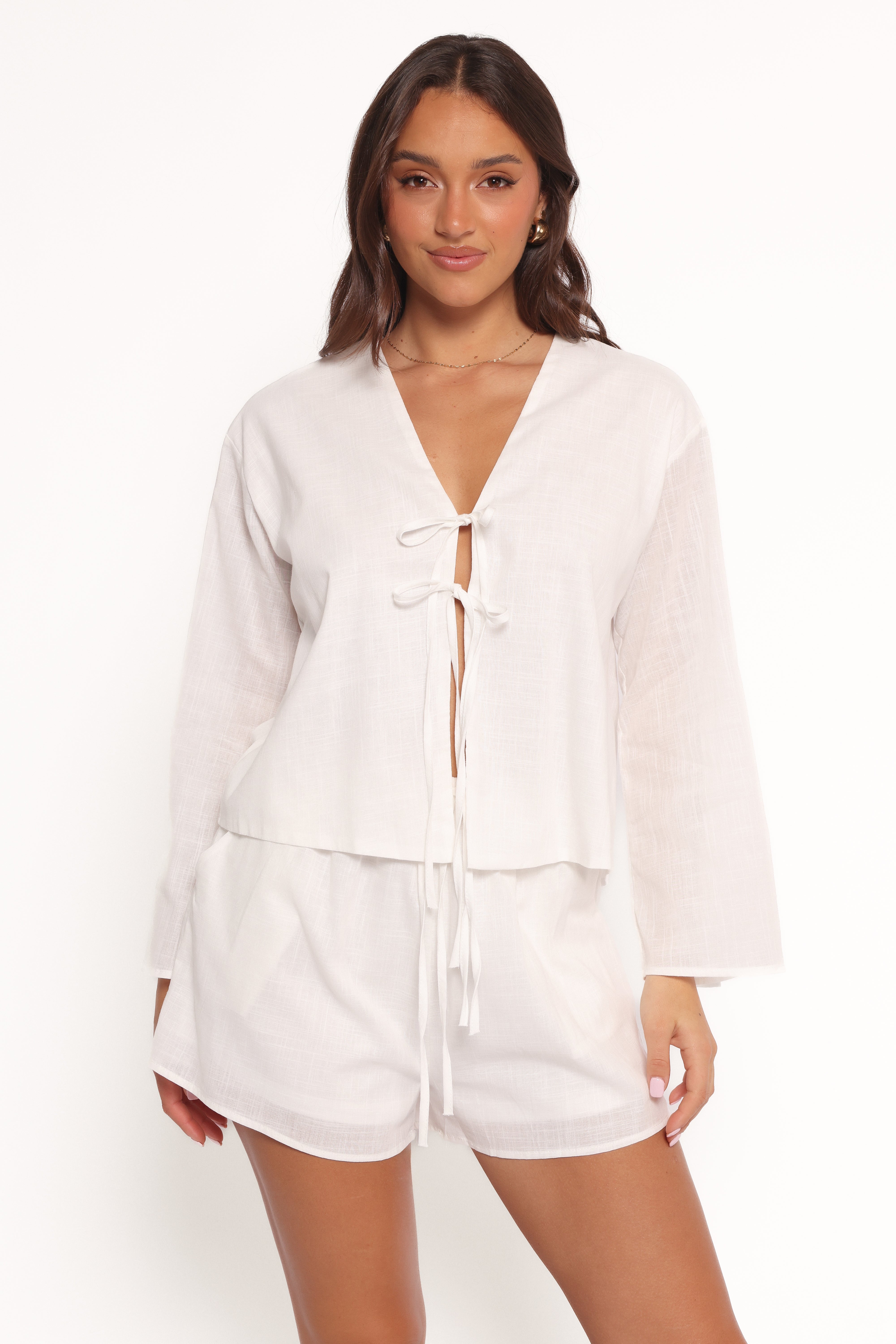 Women's White Cotton Short Set with Tie Front & Pockets - Flynn