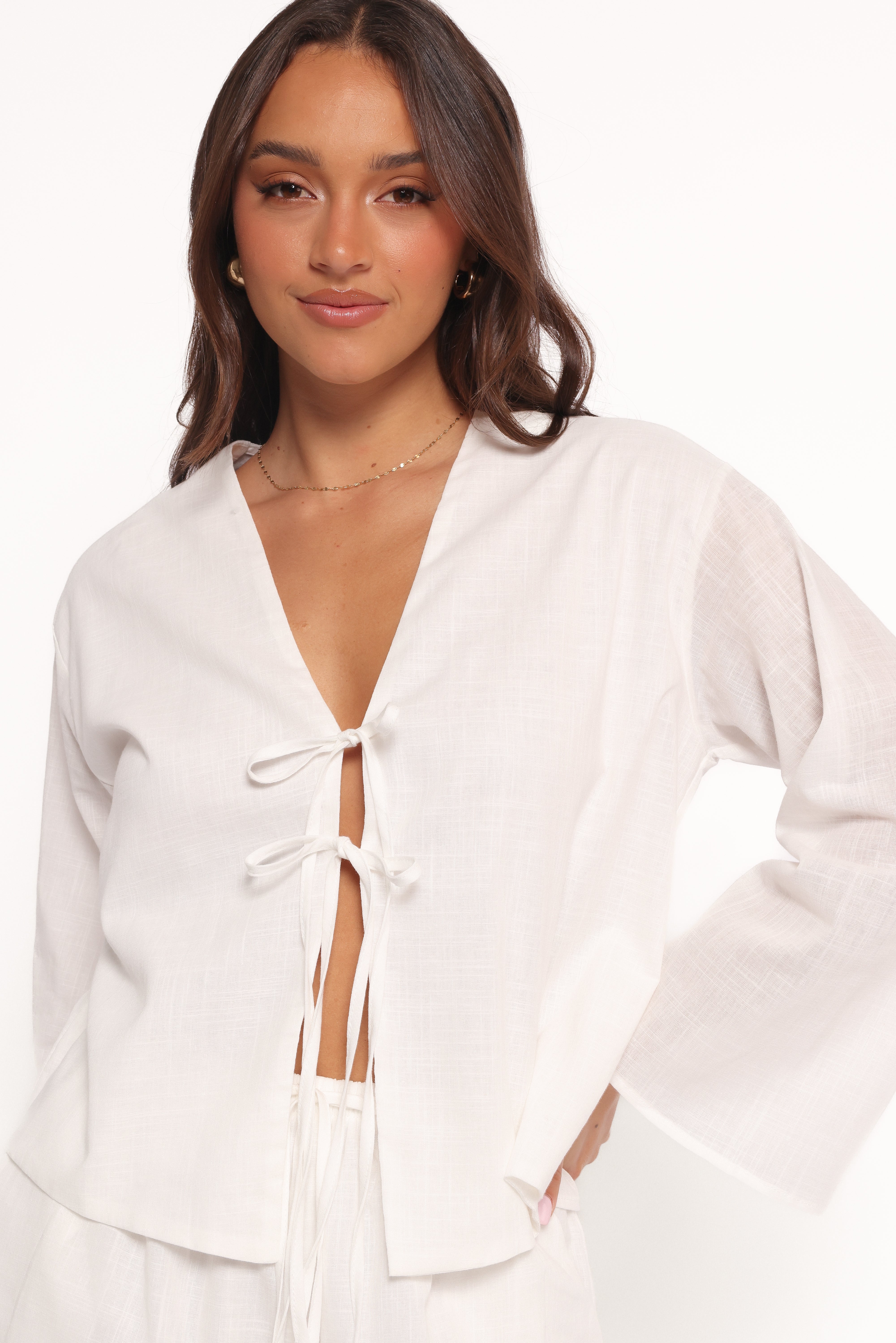 Women's White Cotton Short Set with Tie Front & Pockets - Flynn