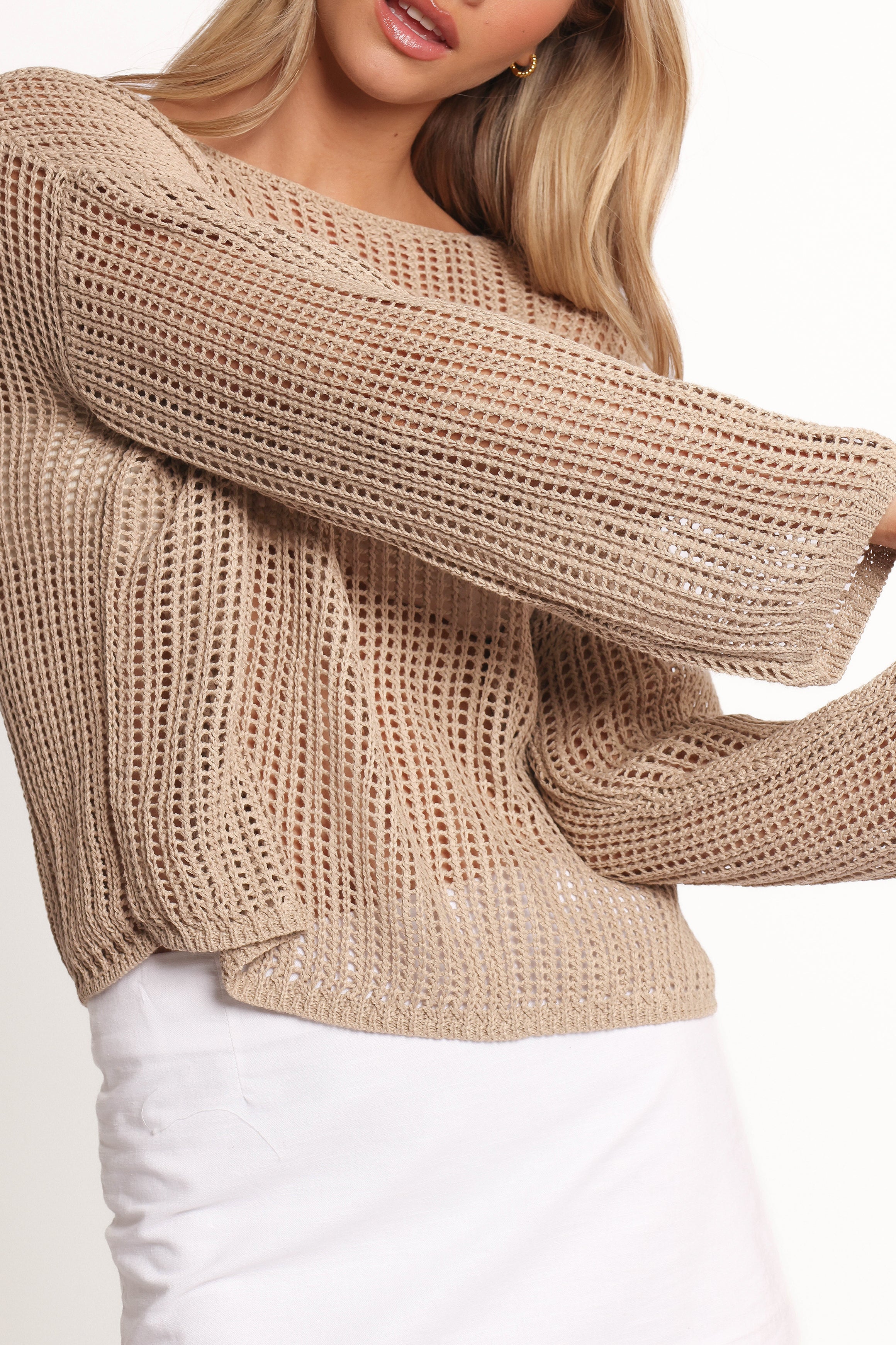 Beige Open Weave Crochet Sweater - 100% Recycled Polyester