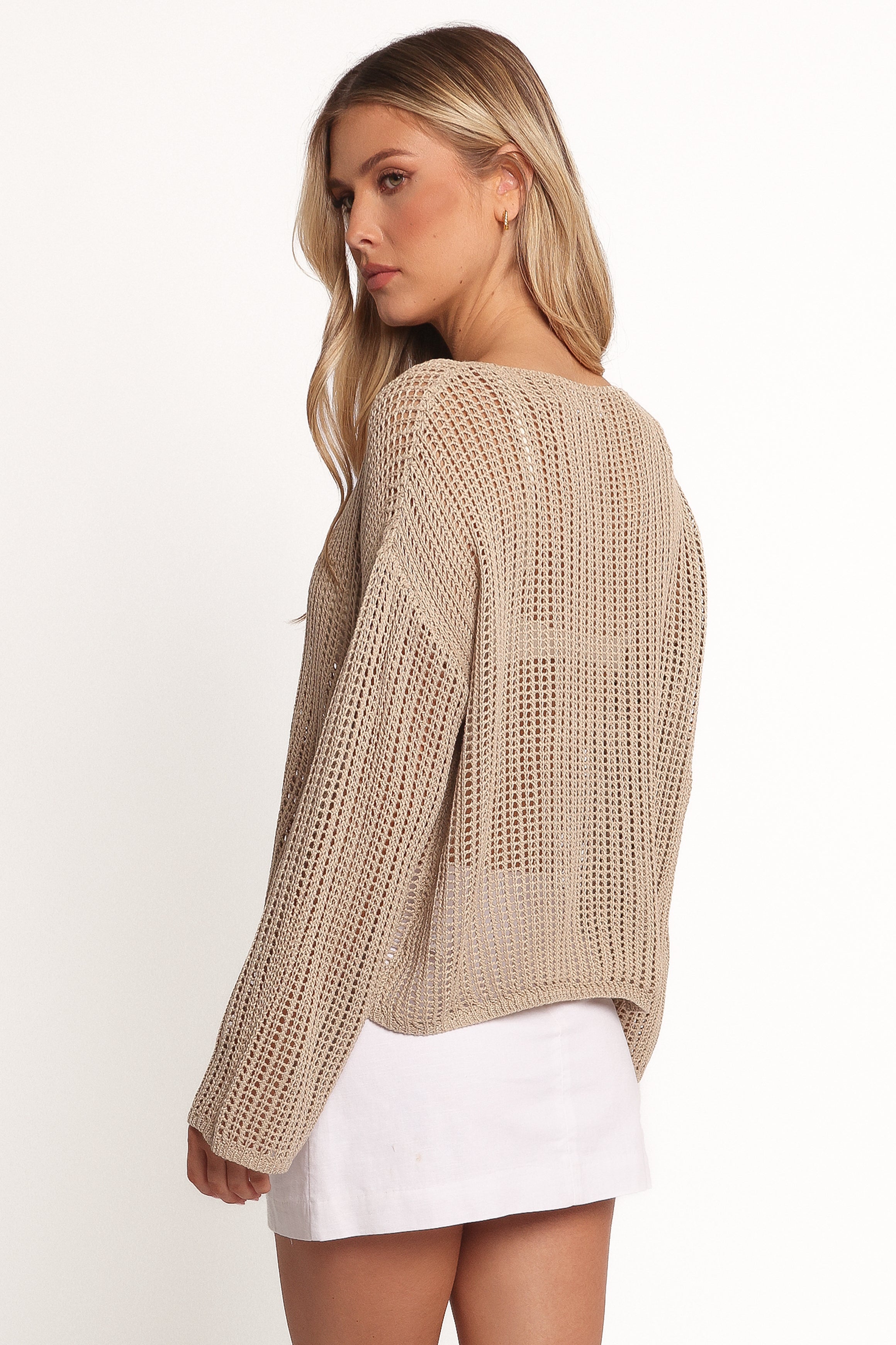 Beige Open Weave Crochet Sweater - 100% Recycled Polyester