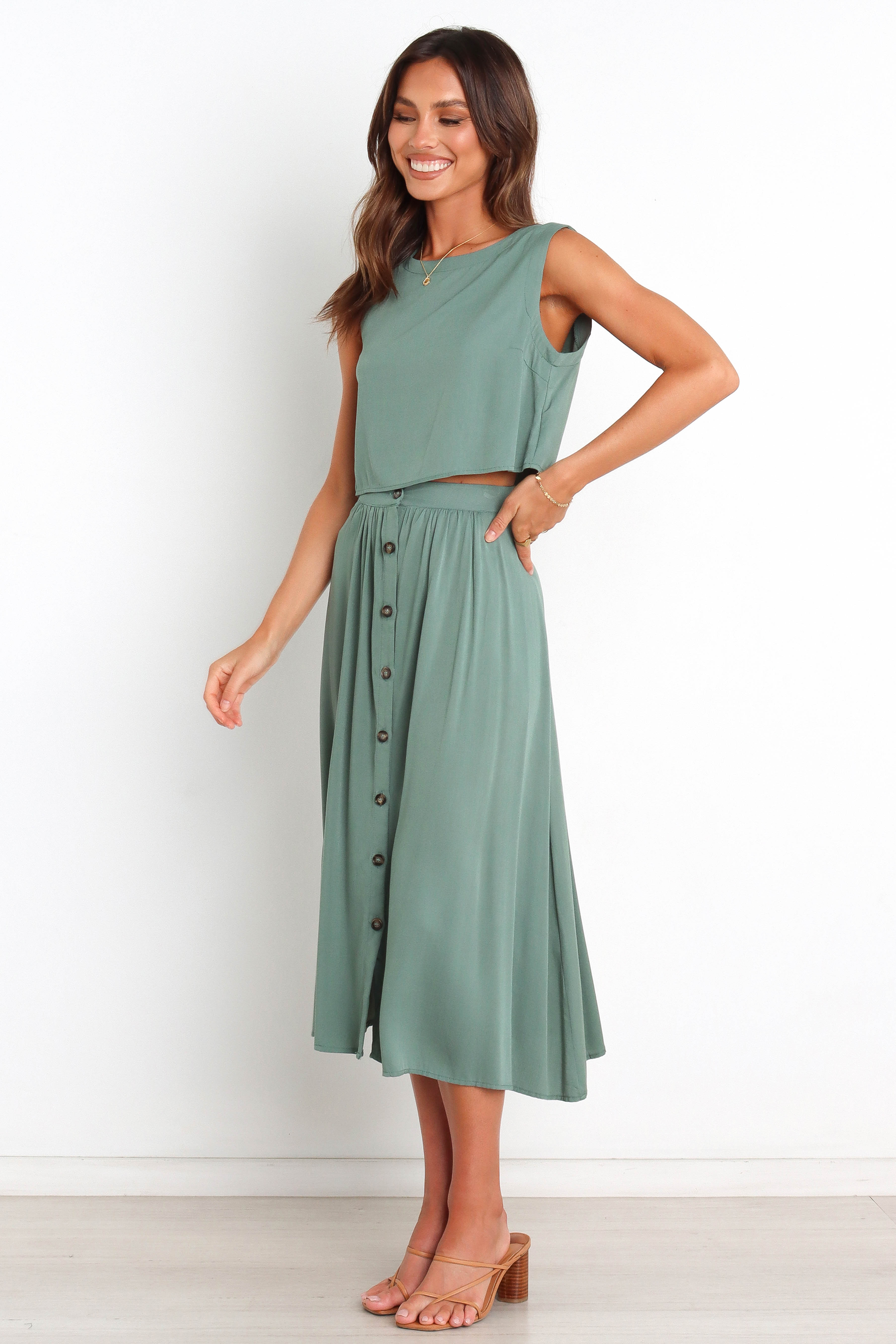 Green Cropped Button-Back Rayon Top - Relaxed Fit Ava