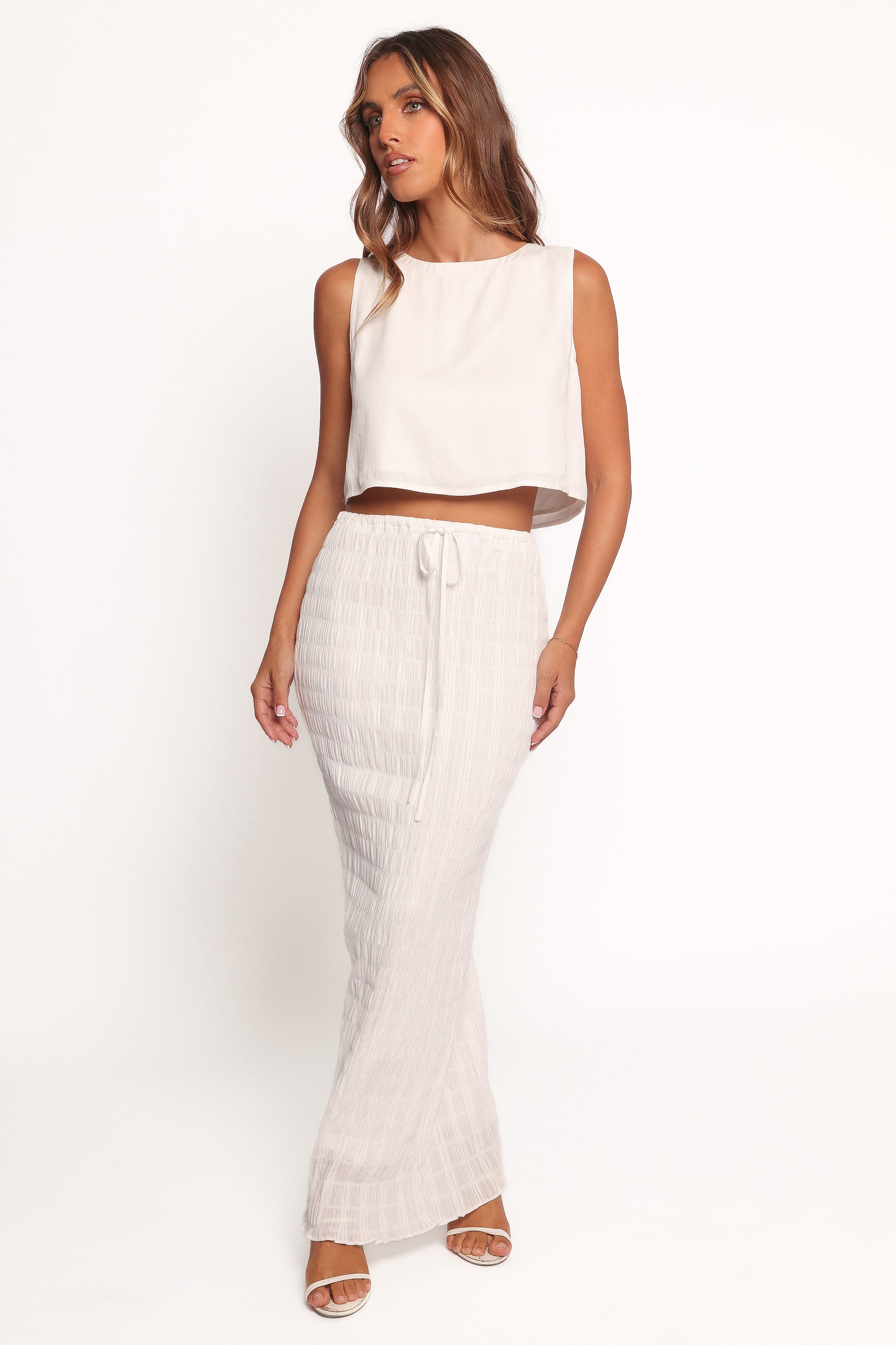 Charlotte High Waisted Textured Maxi Skirt - White Elastic Waistband