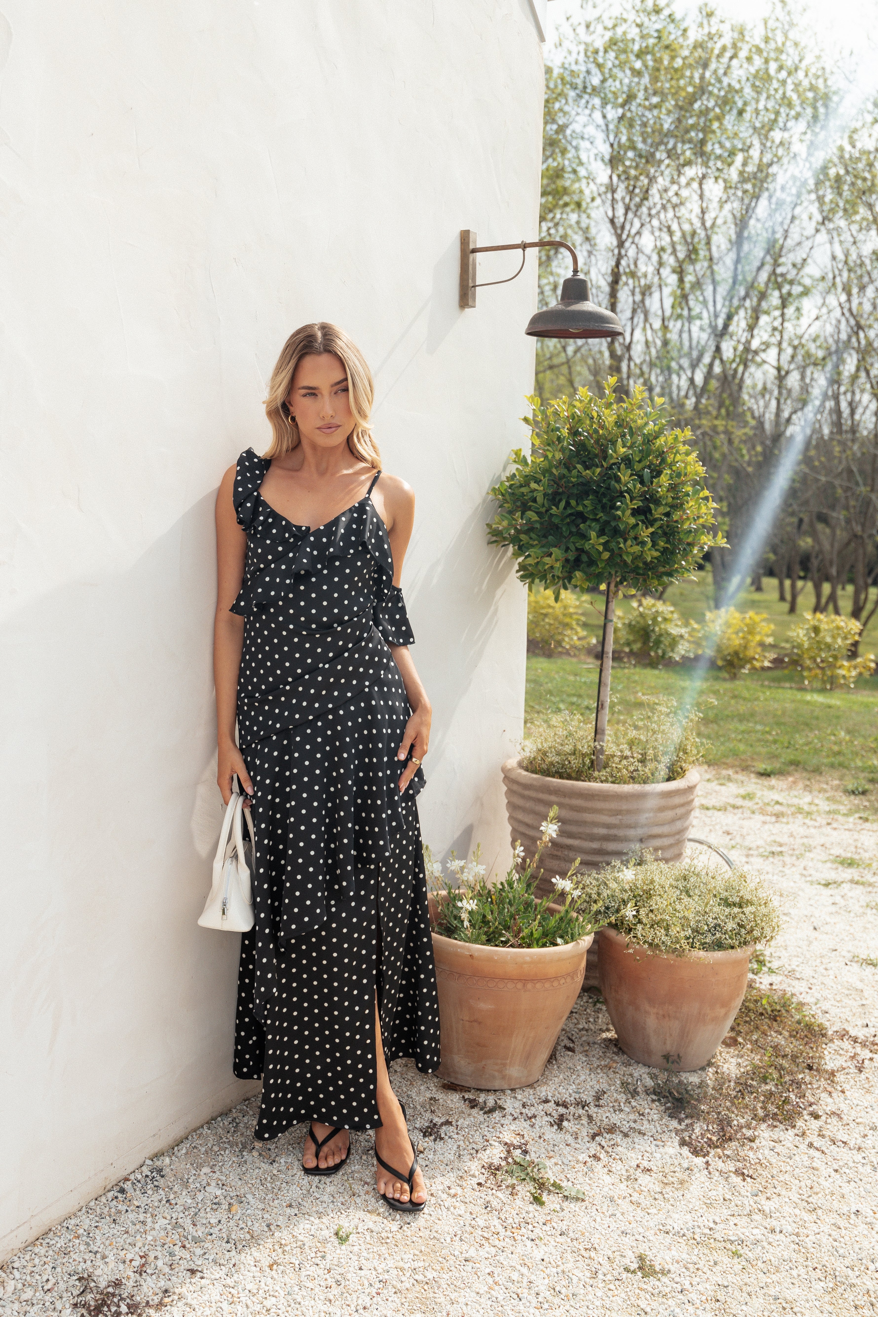 Black Polka Dot Adelina Maxi Dress with Sweetheart Neckline