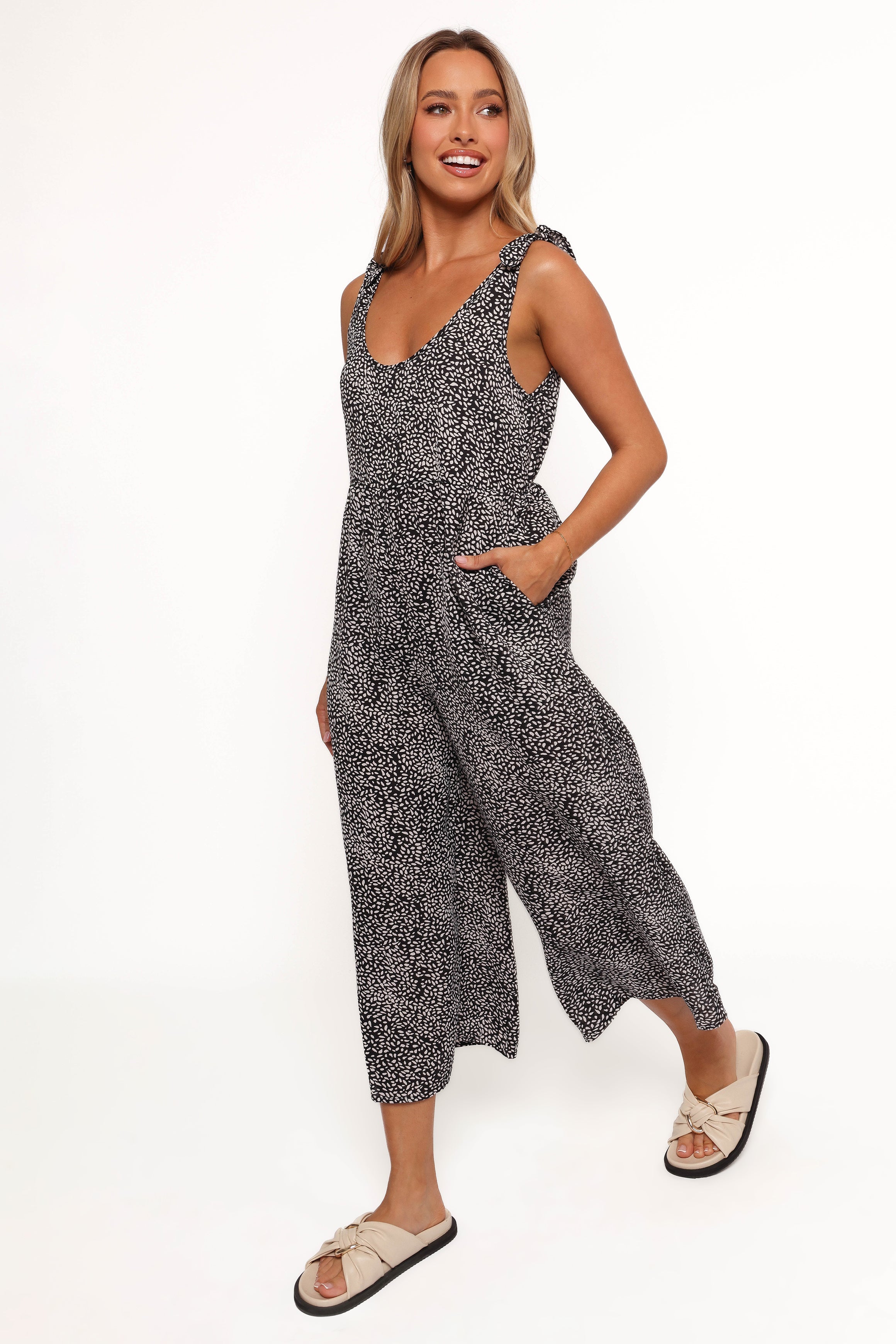 White & Black Lea Jumpsuit with Tie Straps & Pockets