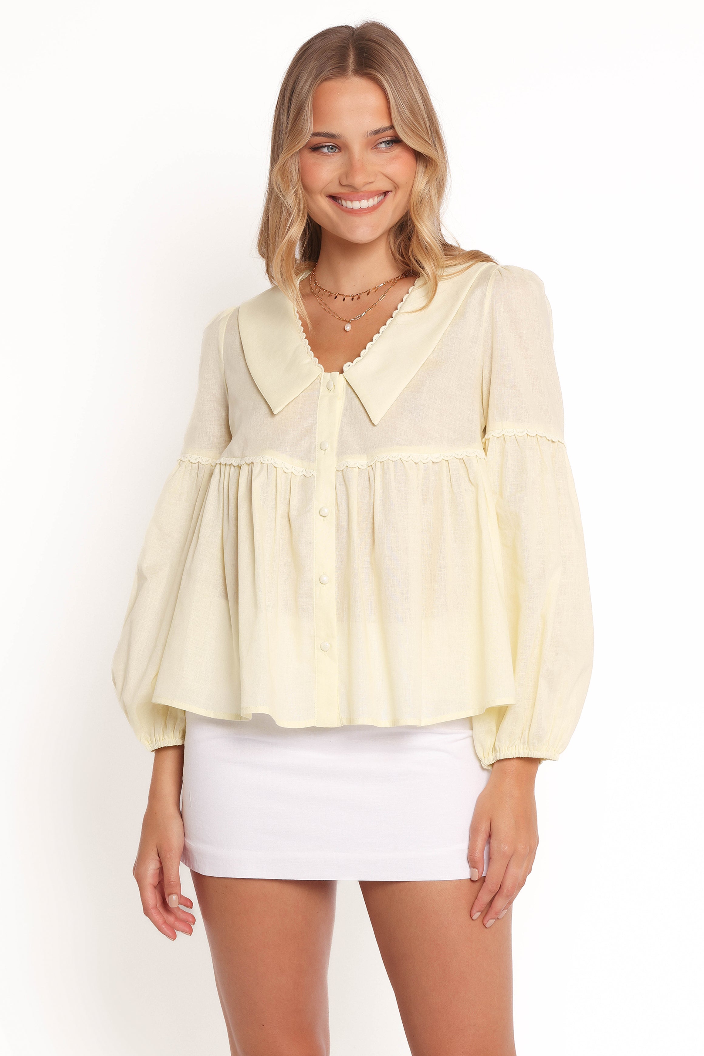 Butter Yellow Thalassa Top - Linen Cotton Blouse with Peplum Hem