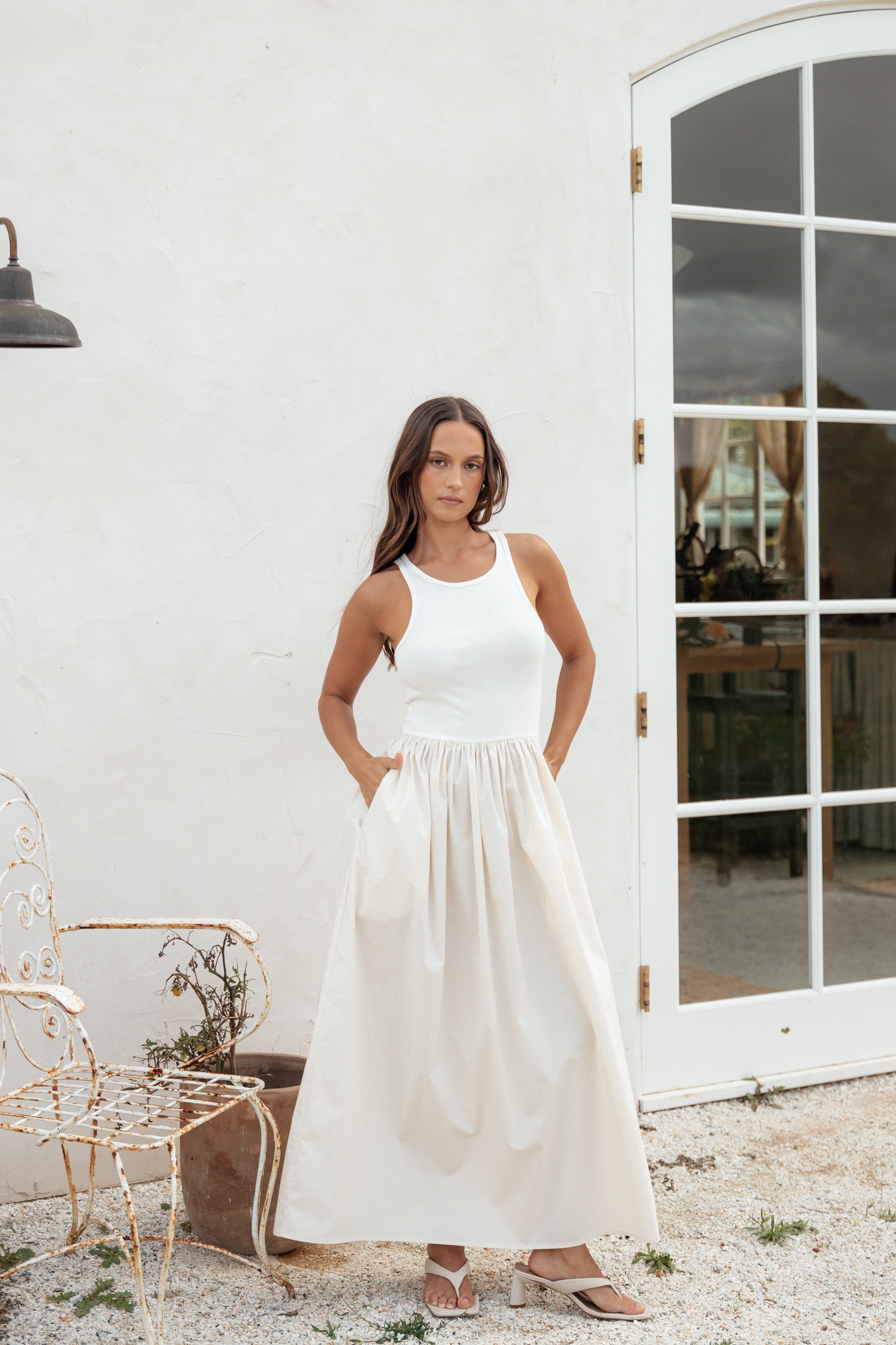 Franki White Cream Midi Dress with Pockets & Elastic Waist