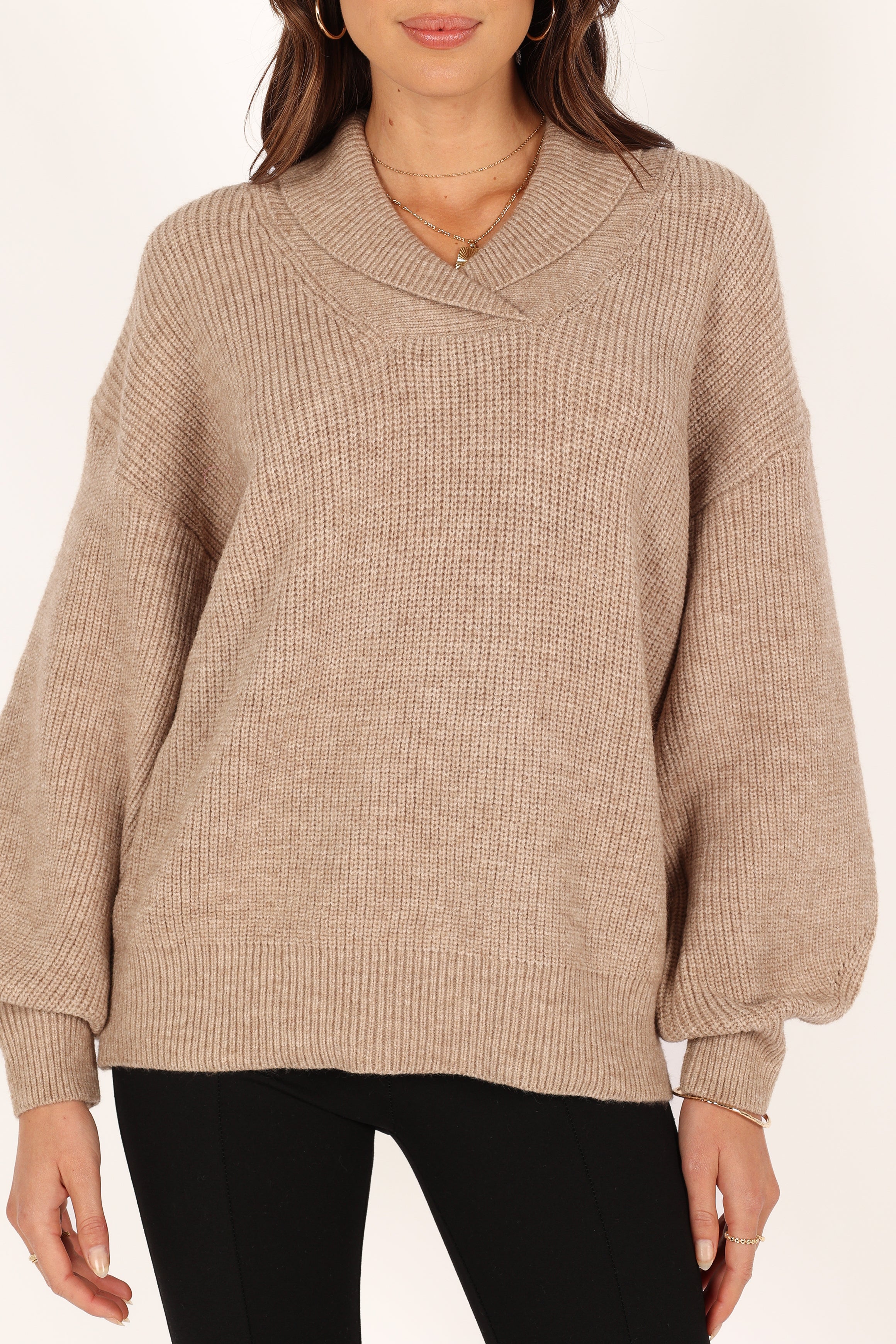 Carly Collar Knit Sweater - Oatmeal V-Neck Long Sleeve