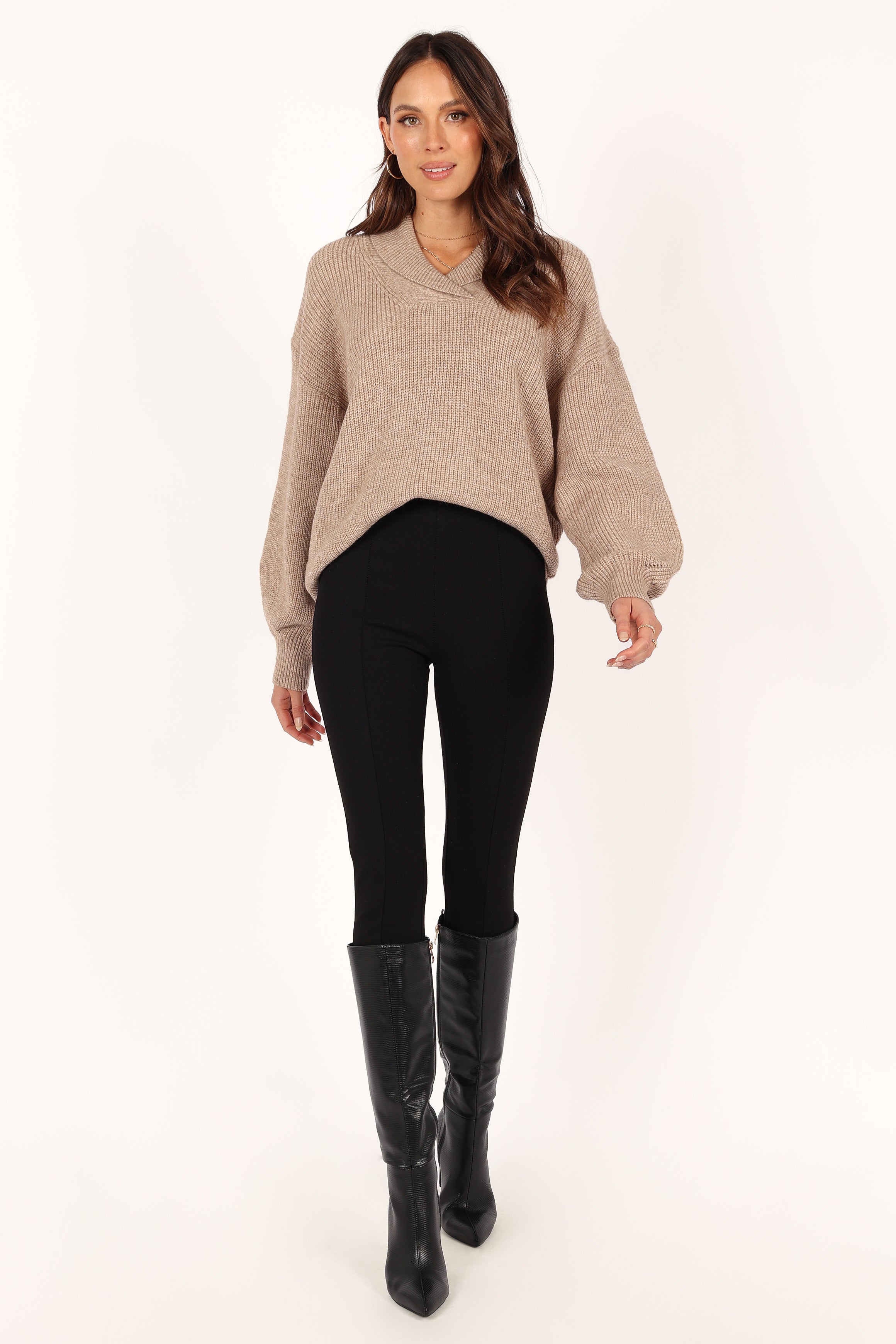 Carly Collar Knit Sweater - Oatmeal V-Neck Long Sleeve
