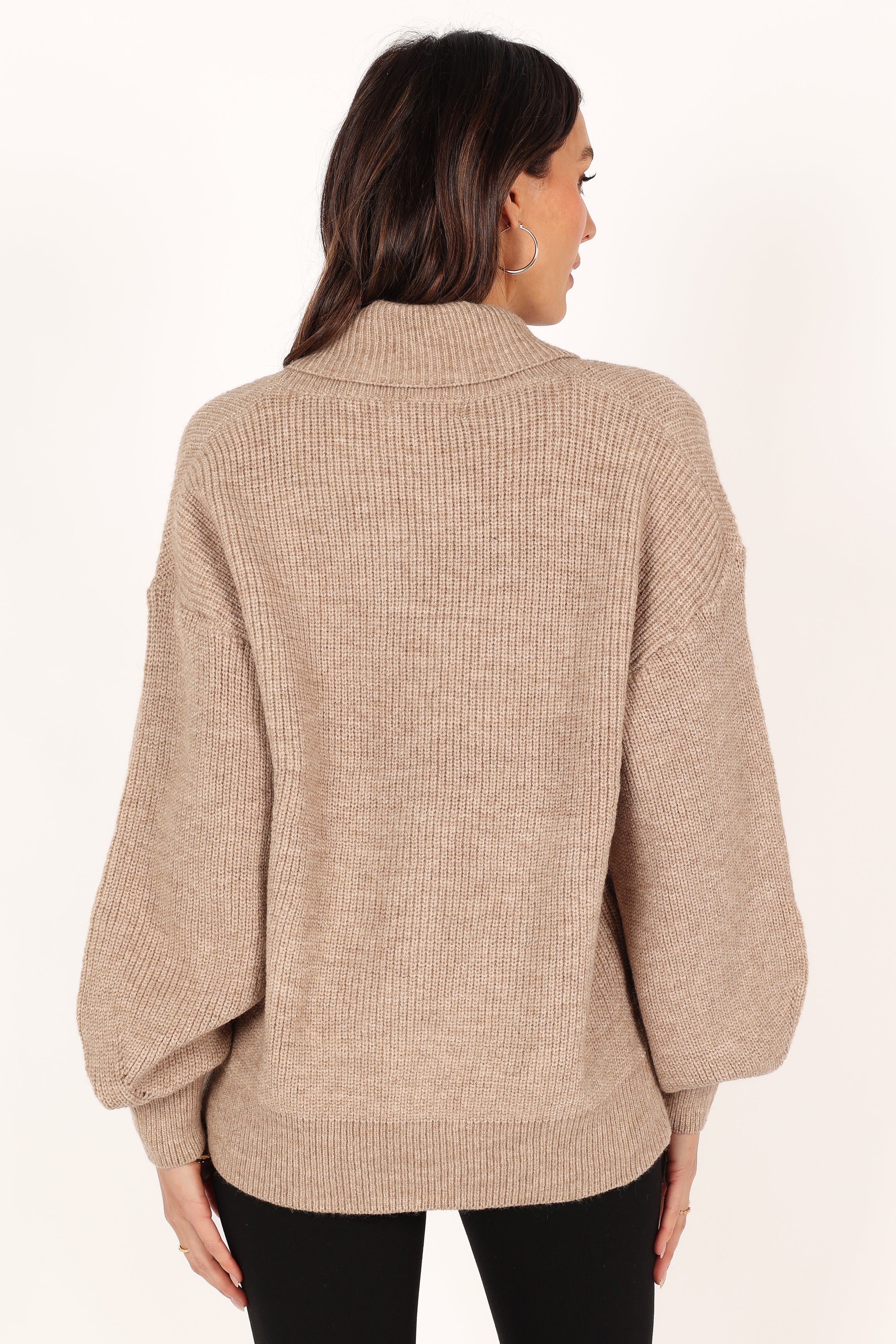 Carly Collar Knit Sweater - Oatmeal V-Neck Long Sleeve