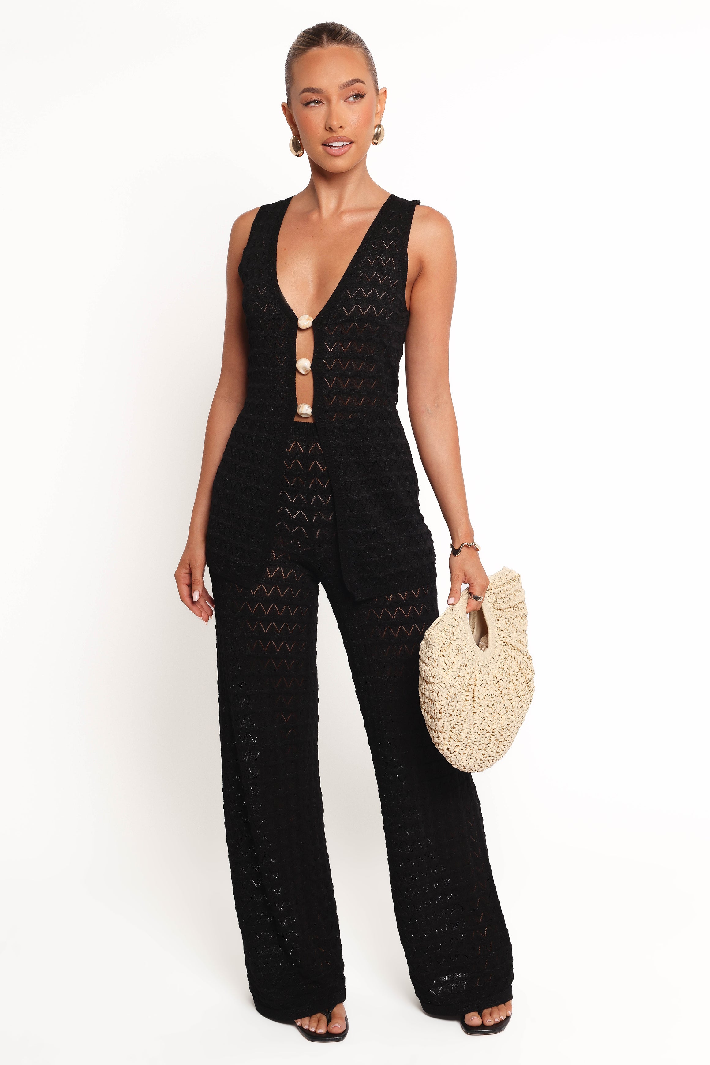 Black High Waisted Crochet Knit Pants - Fiore
