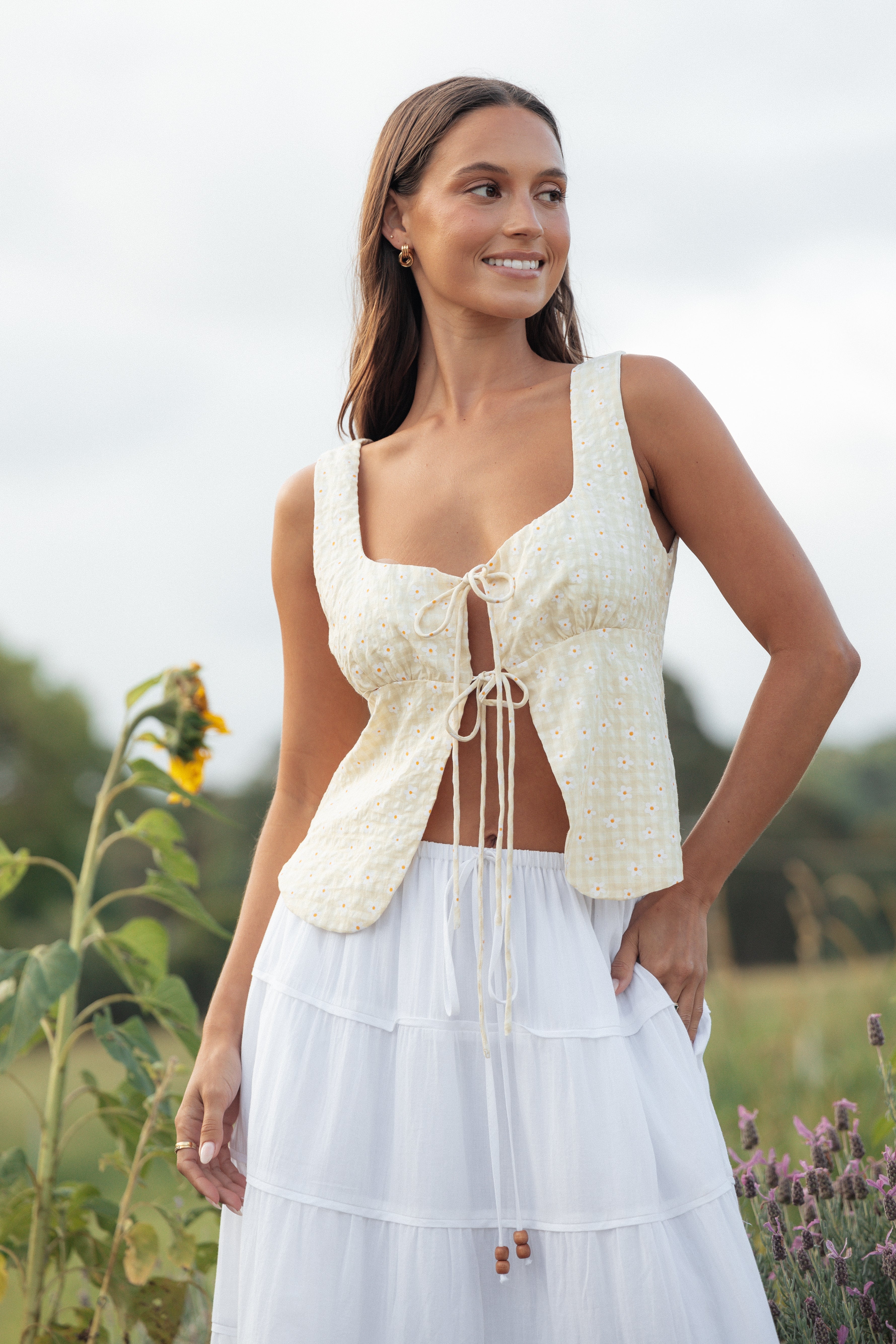 Yellow Gingham Capra Top with Sweetheart Neckline & Daisy Print