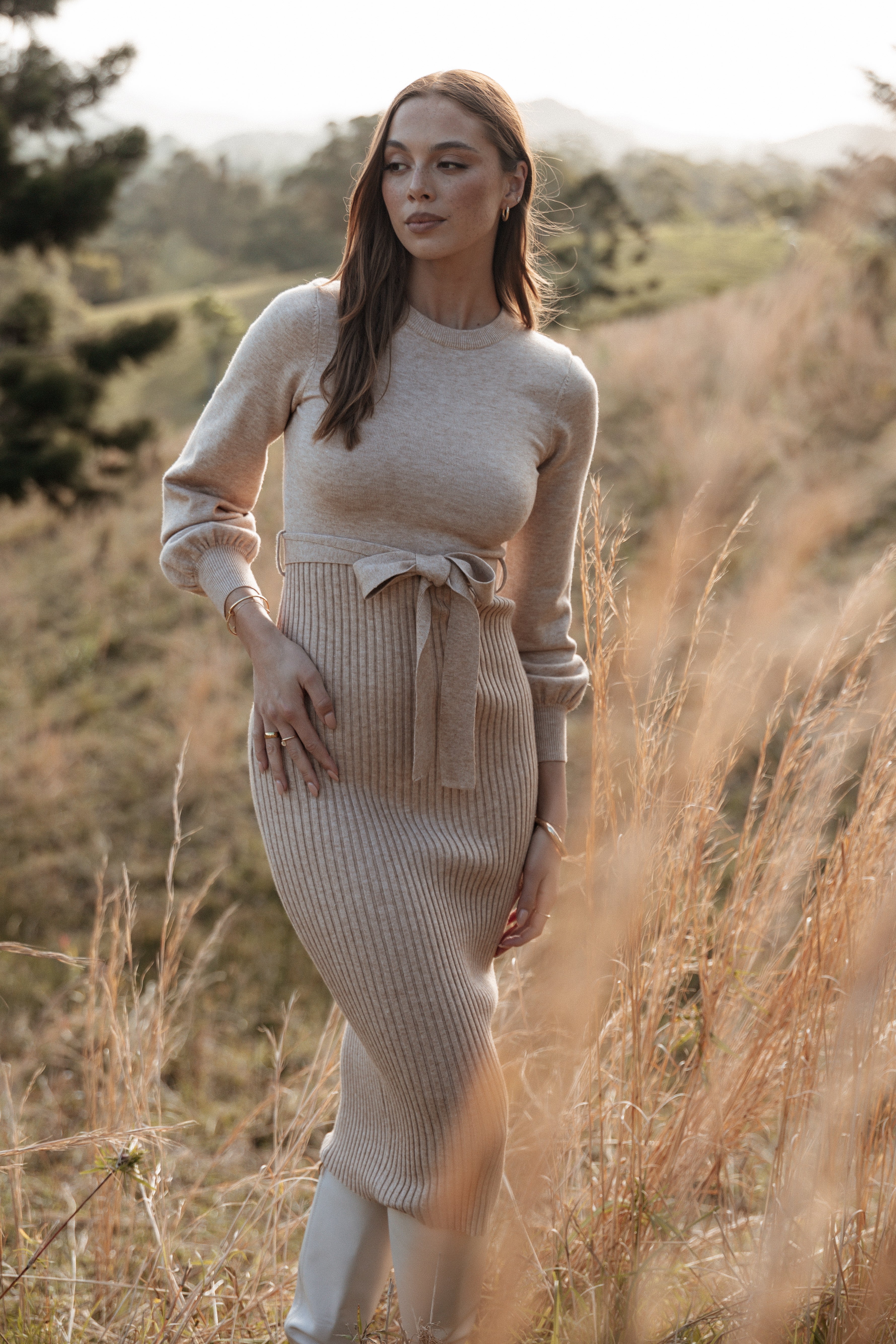 Beige Bodycon Knit Dress - Helena Ribbed Midi with Waist Tie