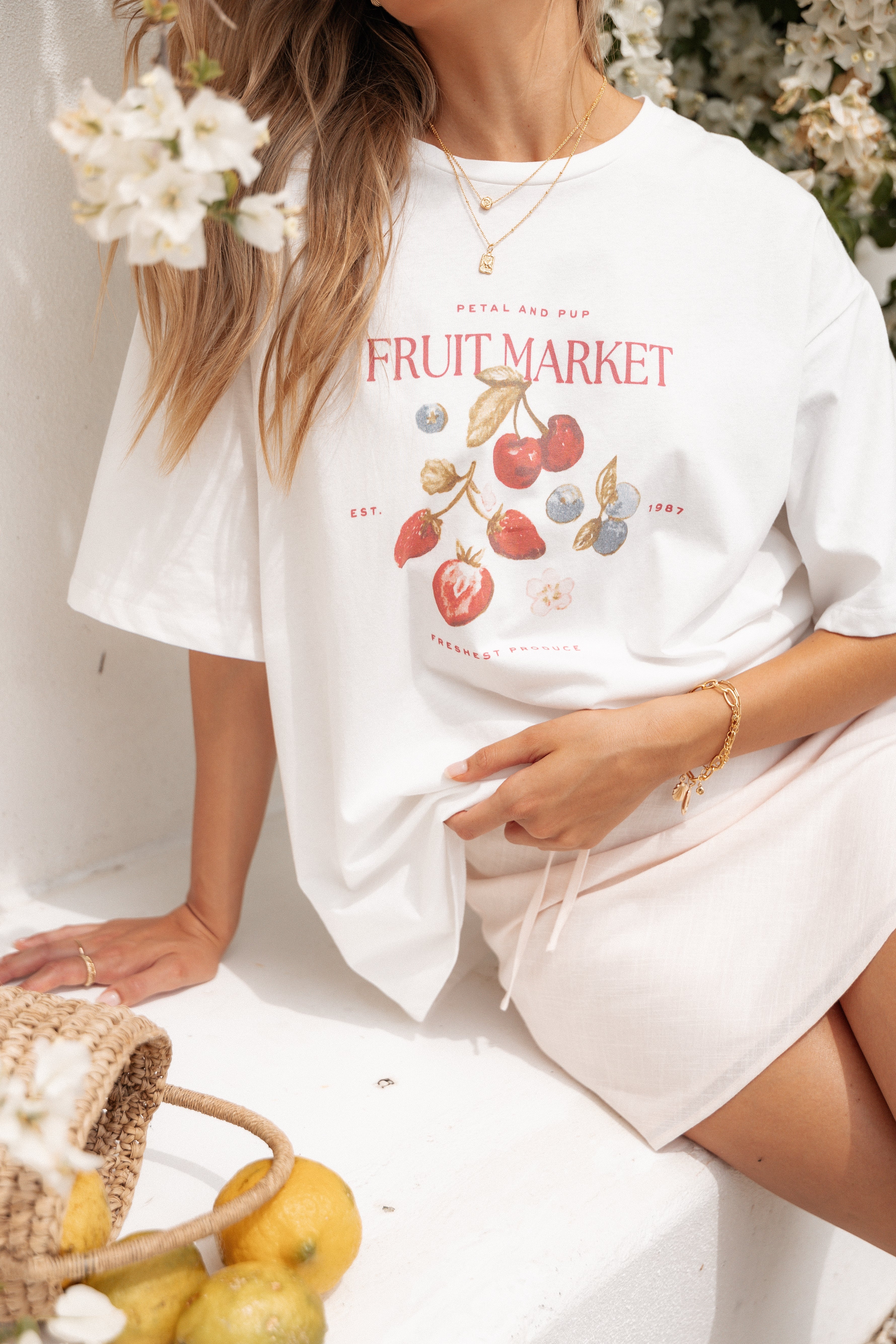Fruit Graphic Oversized Cotton Tee - White Loa T-Shirt