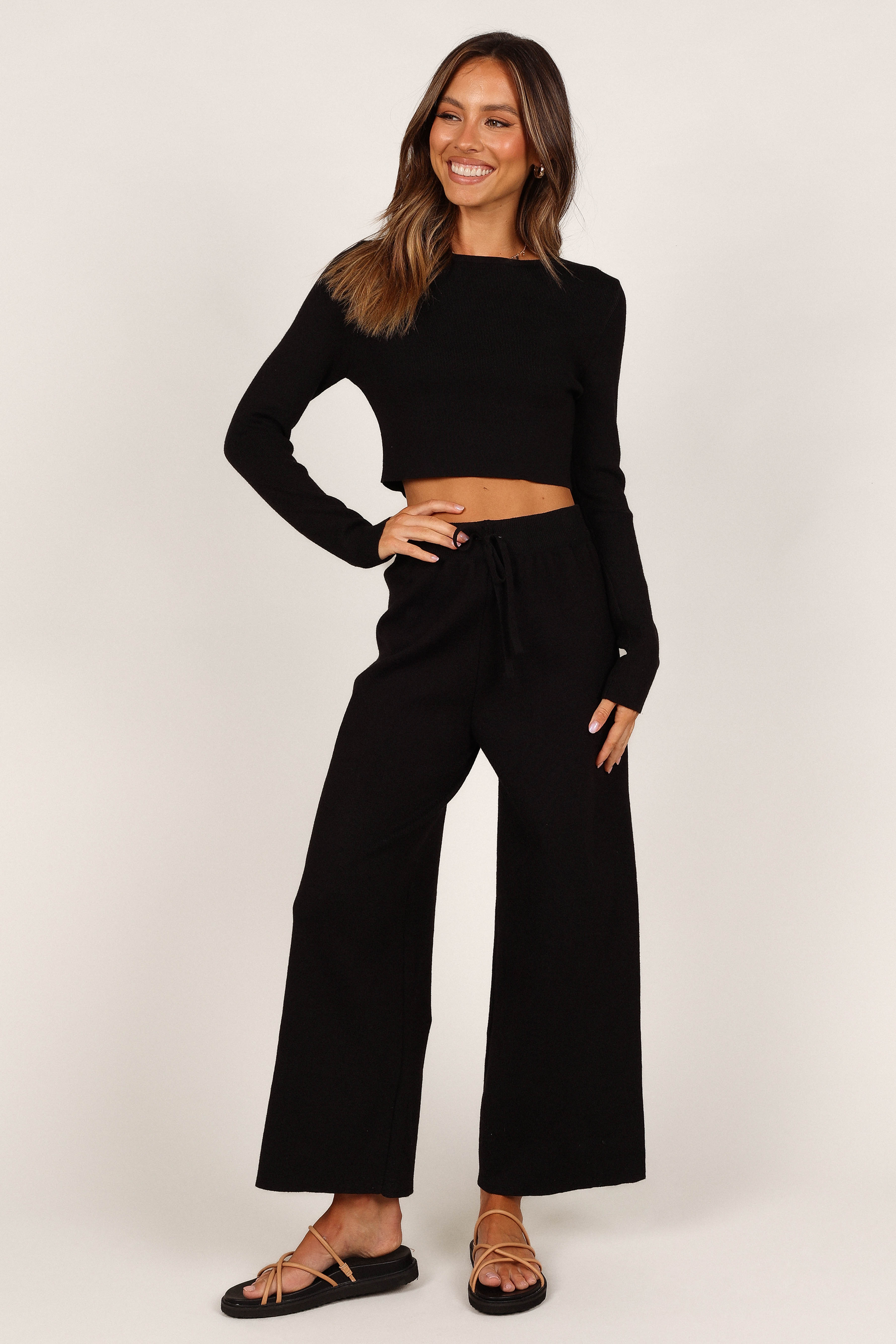 Ayers Ribbed Long Sleeve Lounge Set - Black Cropped Top & Wide Leg Pants