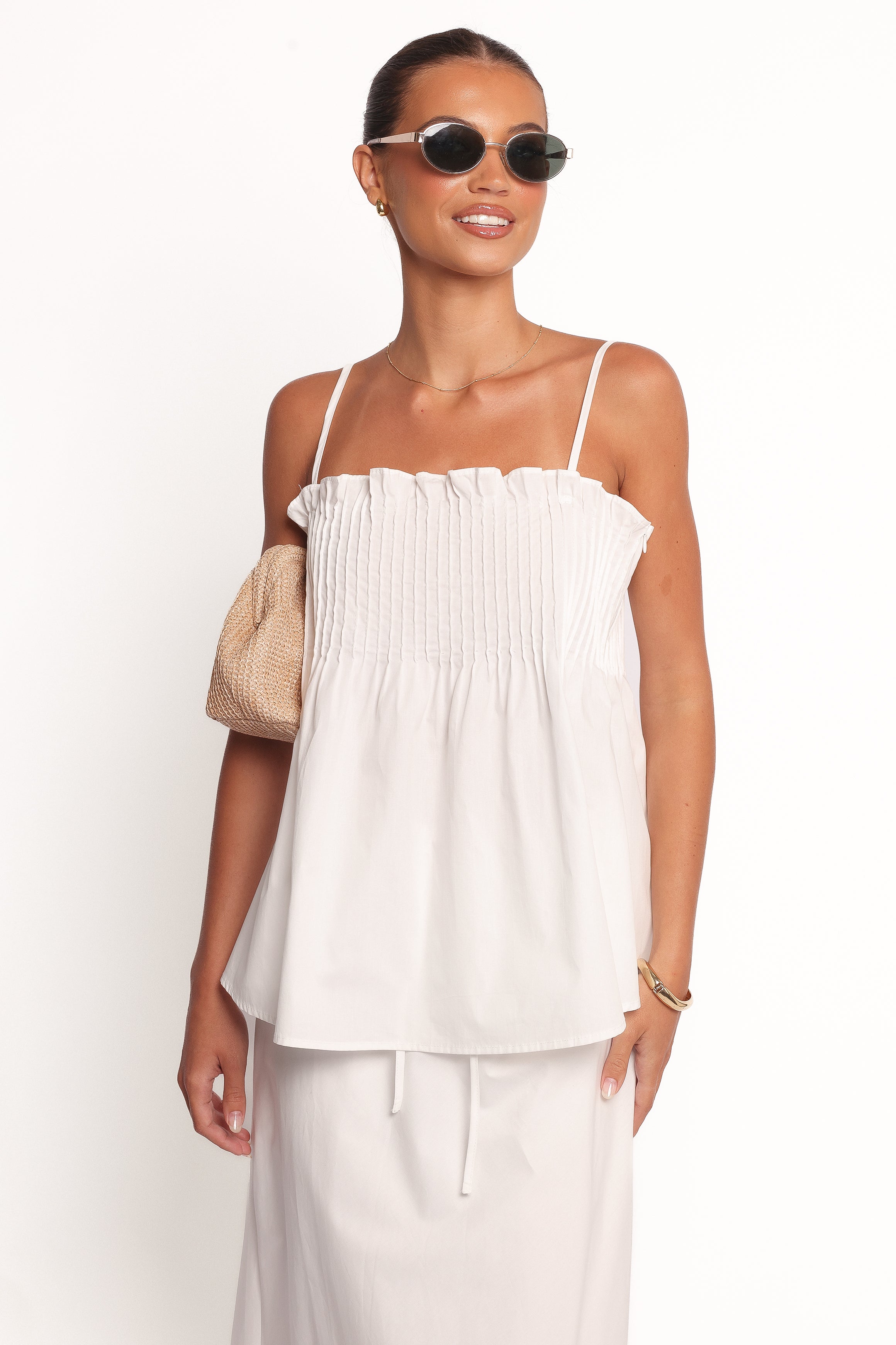White Carson Pleated Sleeveless Top with Square Neckline