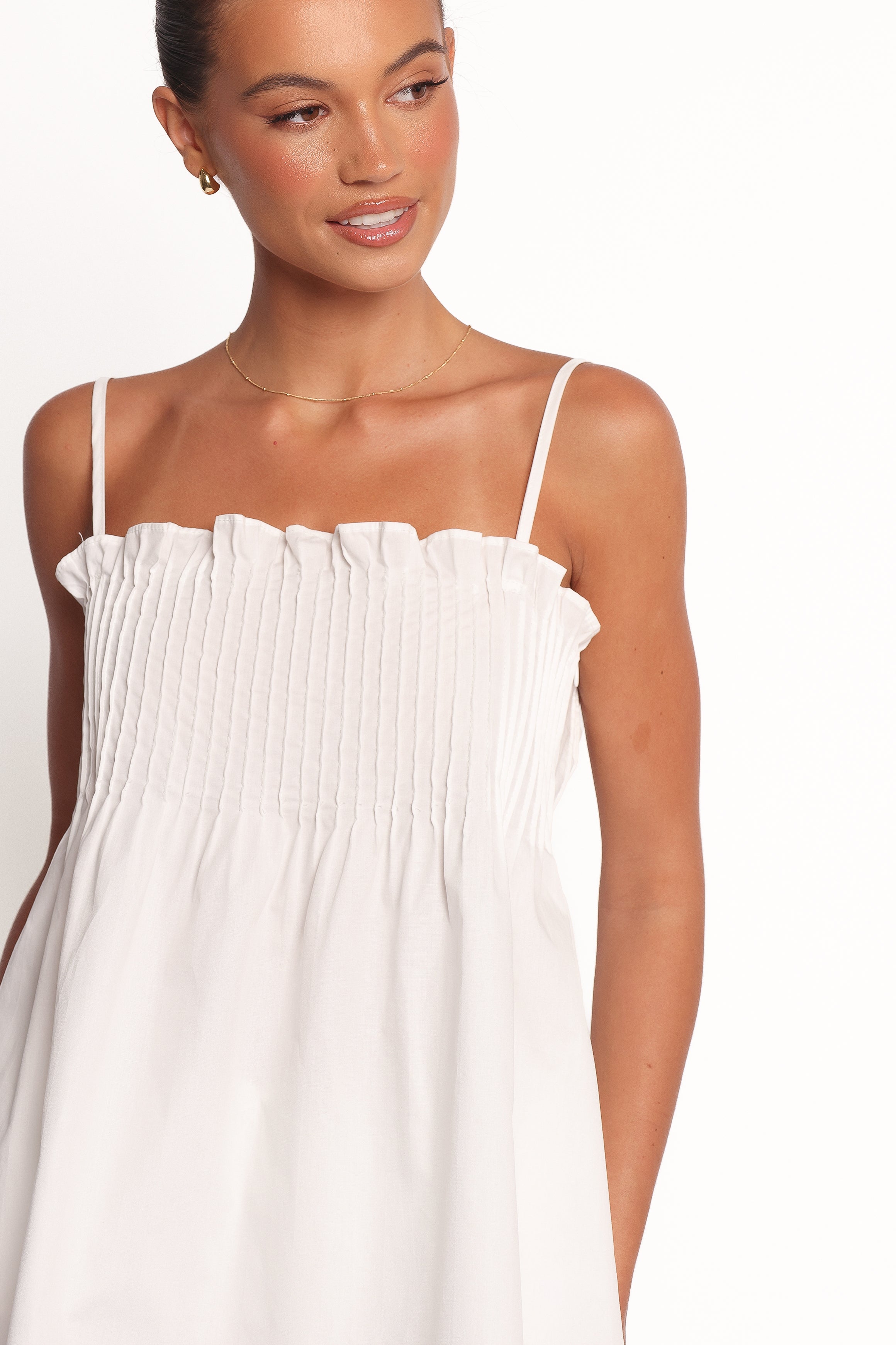 White Carson Pleated Sleeveless Top with Square Neckline